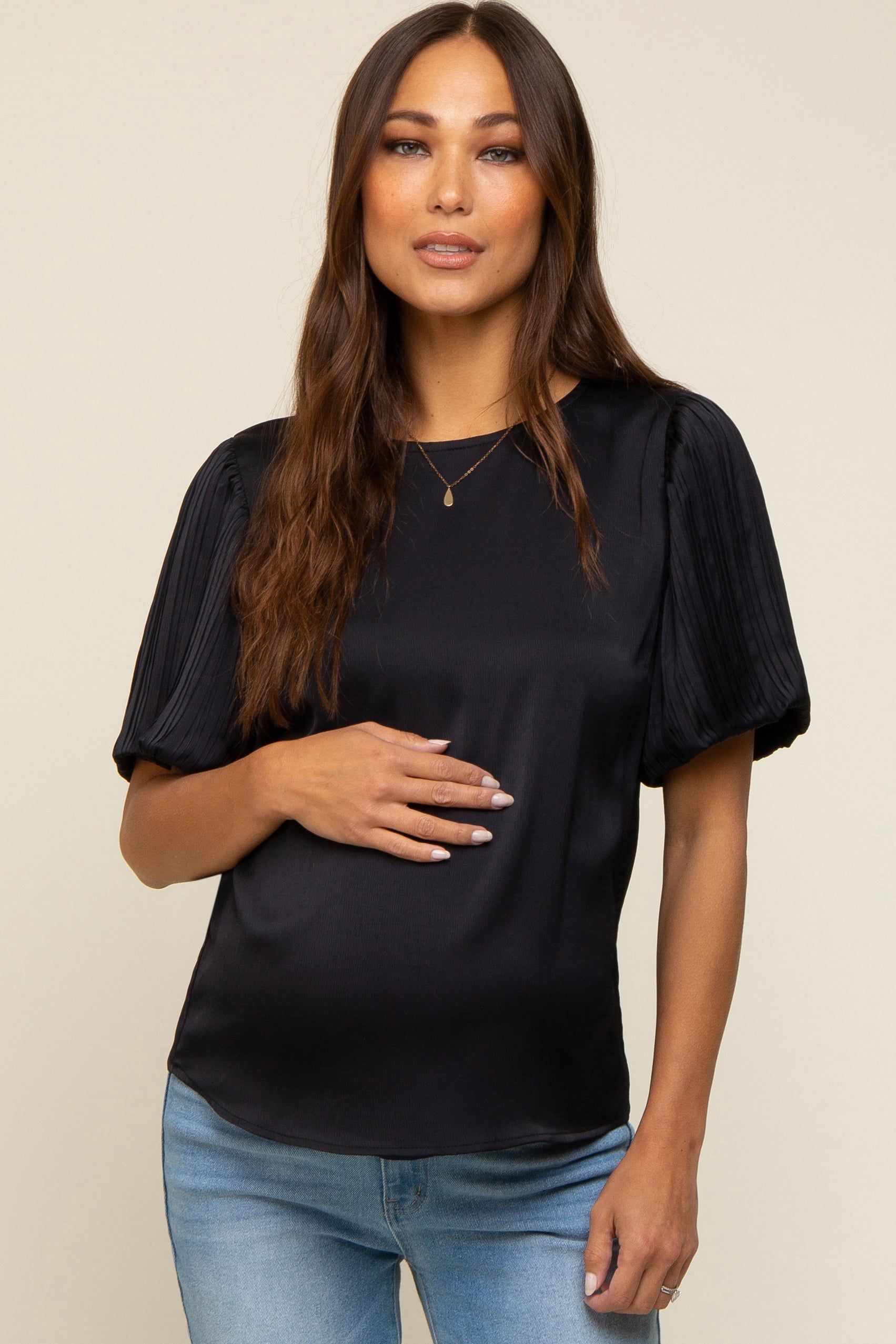 Black Satin Pleated Puff Short Sleeve Maternity Blouse sold by Pinkblush