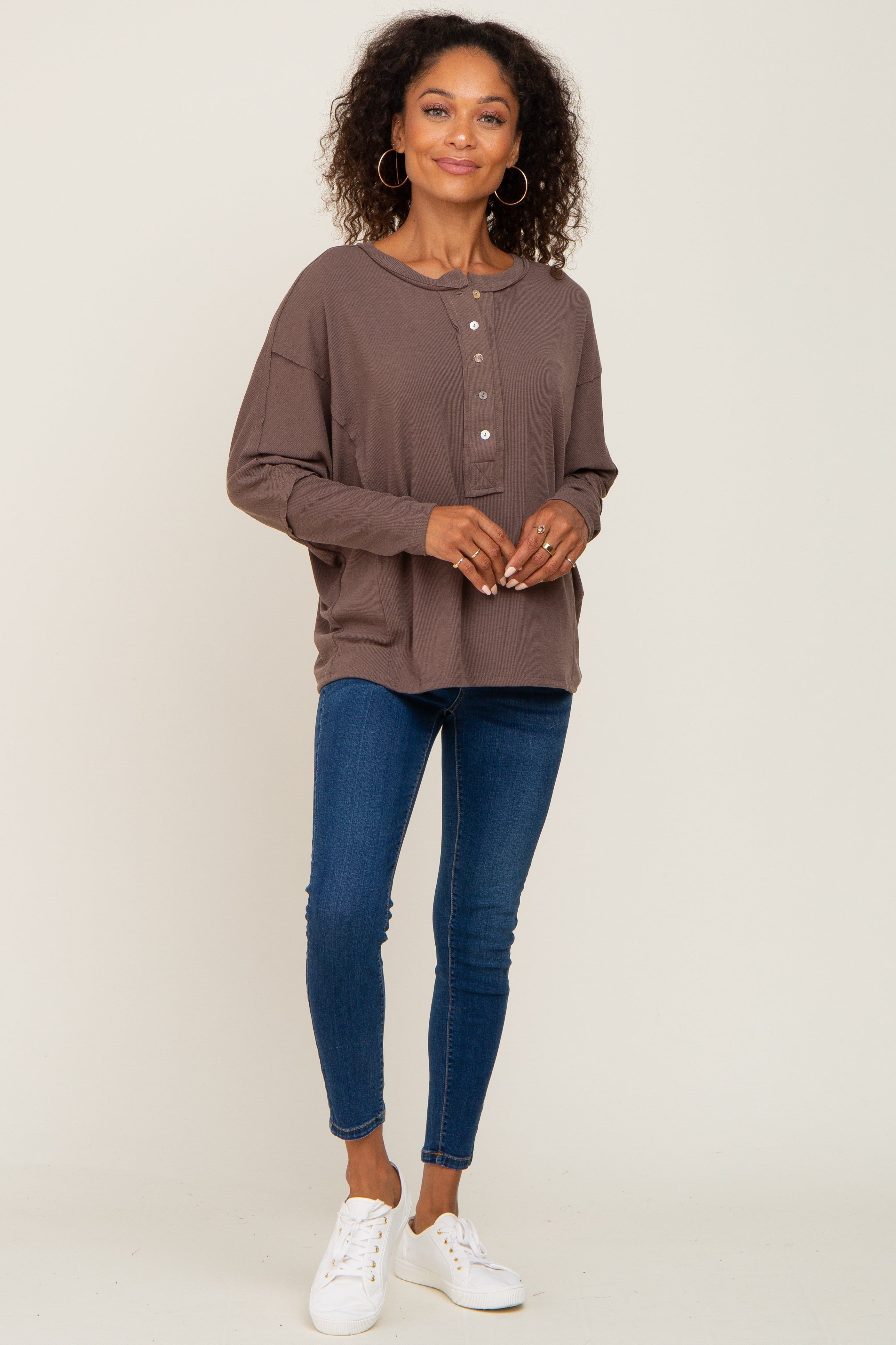 Mocha Ribbed Dolman Sleeve Henley Top sold by Pinkblush product image thumbnail 4