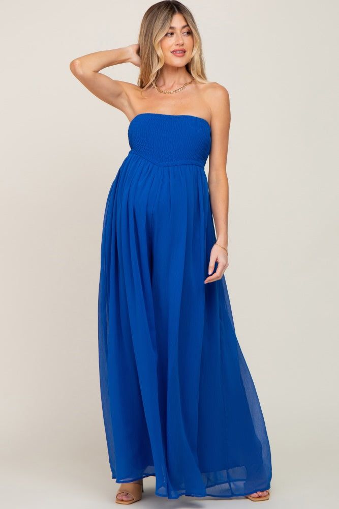 Royal Blue Smocked Strapless Wide Leg Maternity Jumpsuit sold by Pinkblush