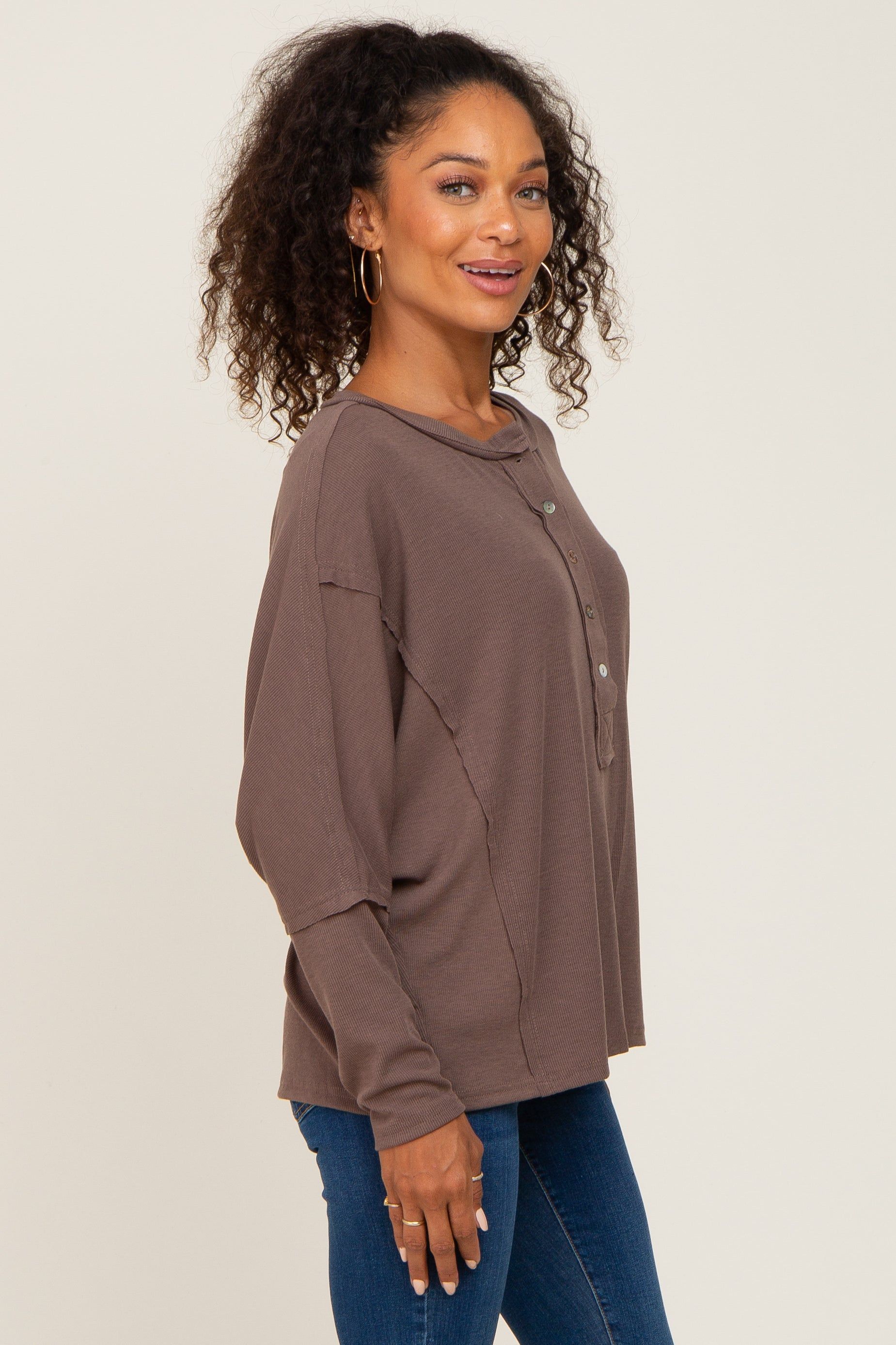 Mocha Ribbed Dolman Sleeve Henley Top sold by Pinkblush product image thumbnail 2