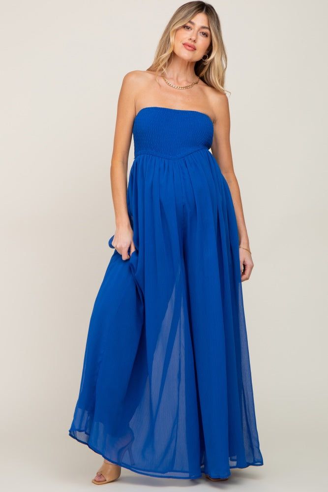 Royal Blue Smocked Strapless Wide Leg Maternity Jumpsuit sold by Pinkblush product image thumbnail 5
