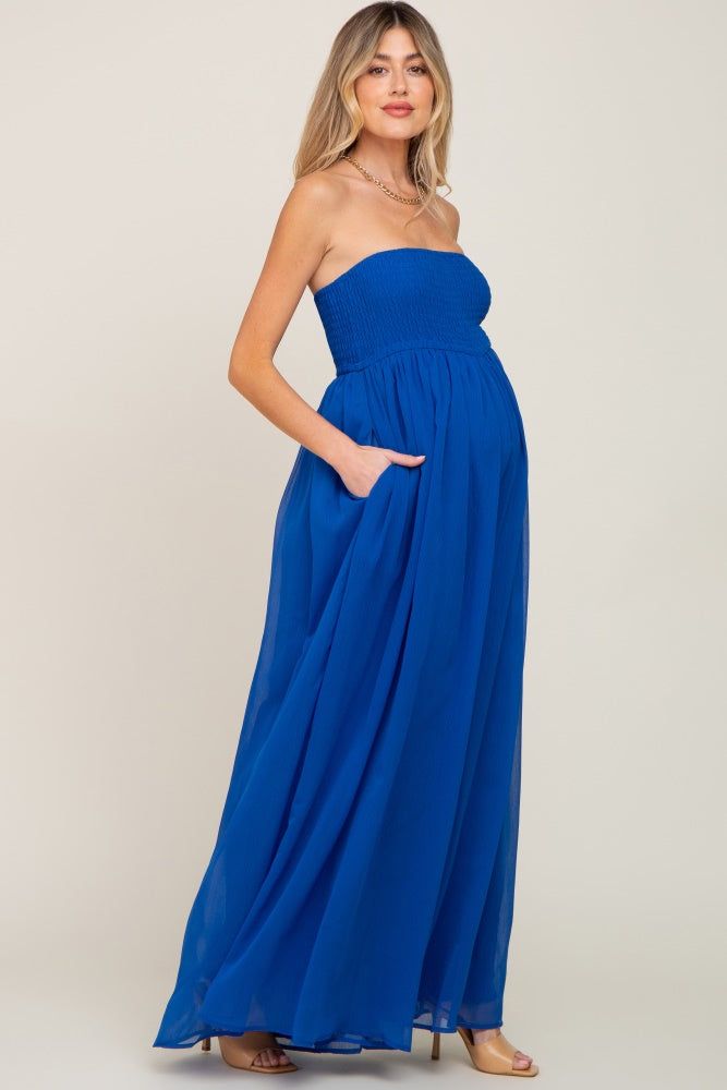 Royal Blue Smocked Strapless Wide Leg Maternity Jumpsuit sold by Pinkblush product image thumbnail 2