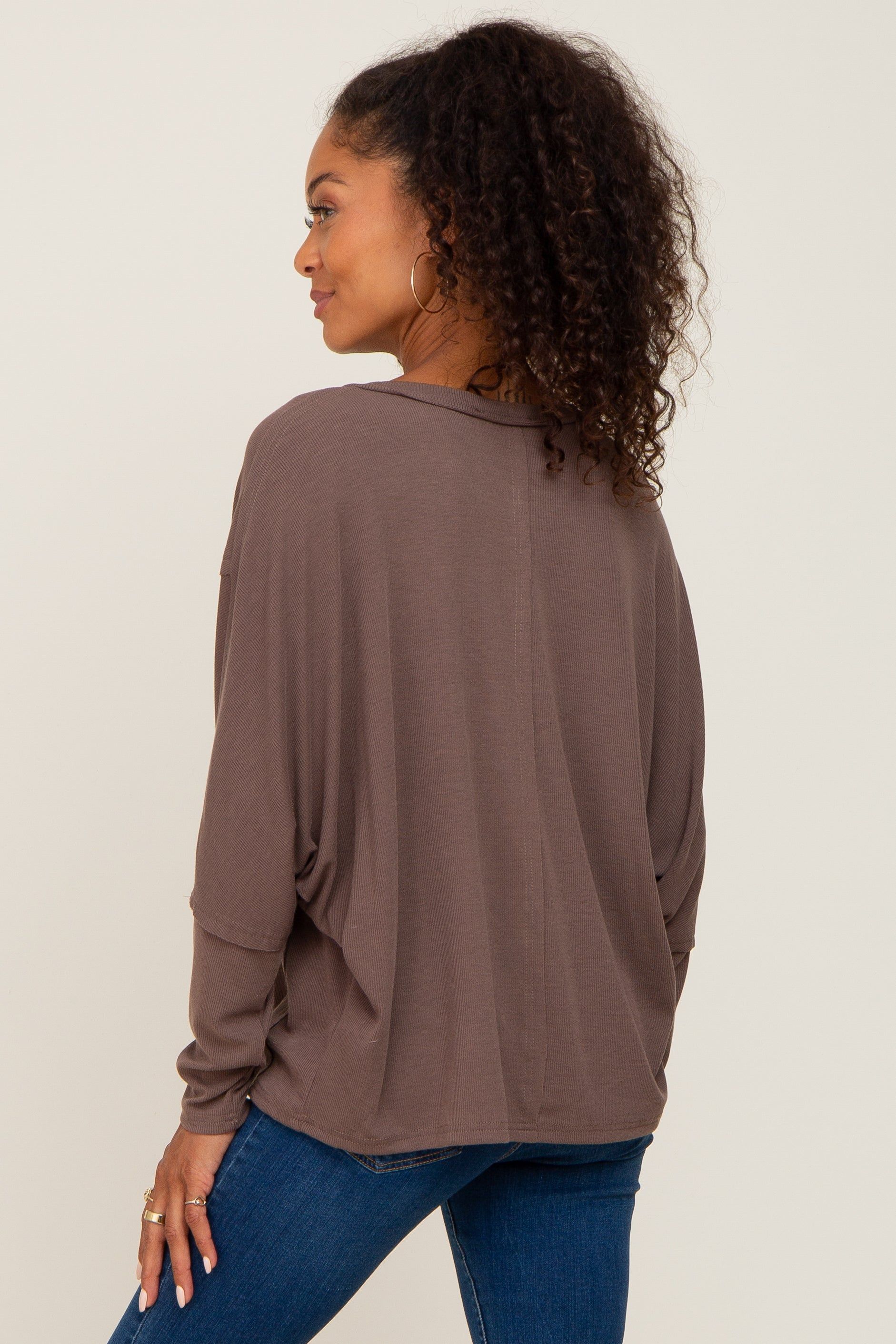 Mocha Ribbed Dolman Sleeve Henley Top sold by Pinkblush product image thumbnail 3