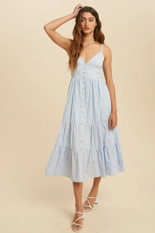 Powder Blue Cotton Blend Floral Midi Dress sold by Pinkblush