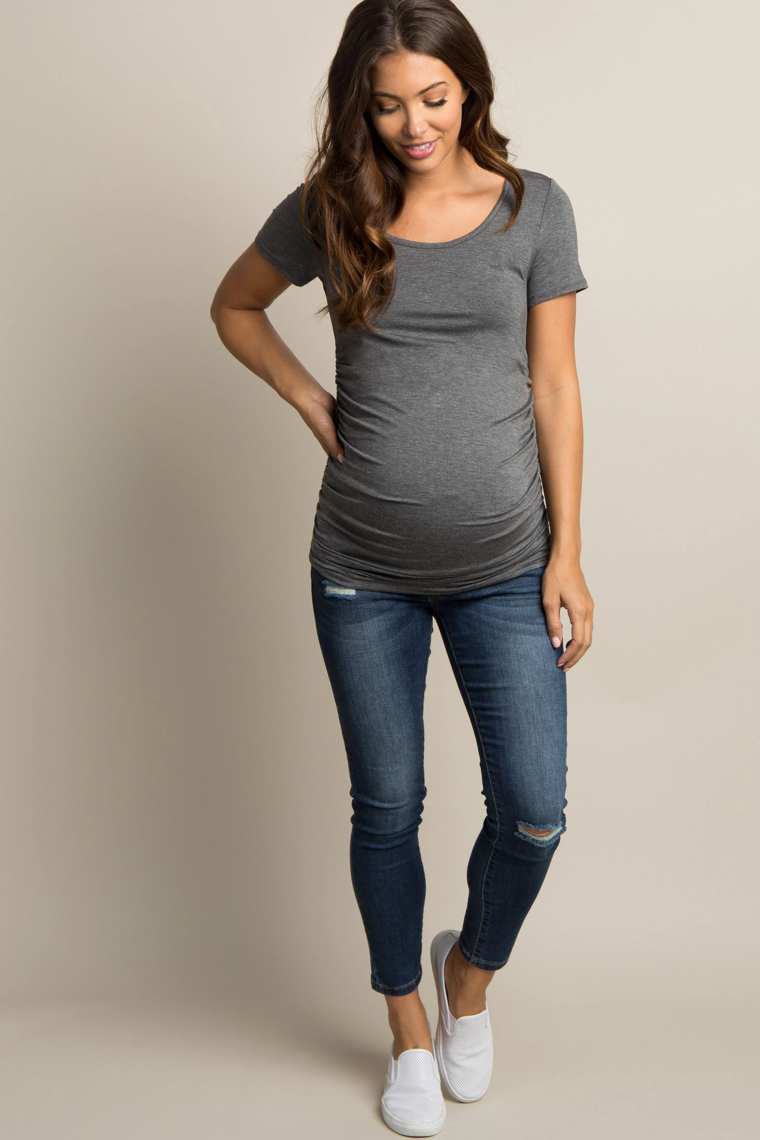 PinkBlush Charcoal Ruched Short Sleeve Maternity Top sold by Pinkblush product image thumbnail 4