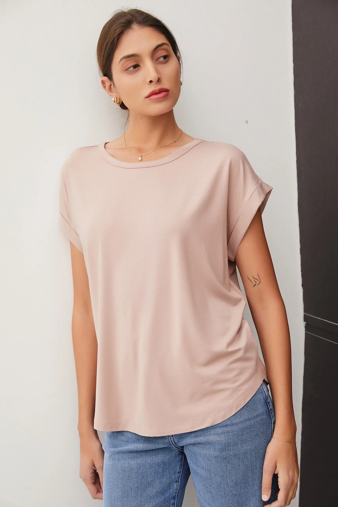 Beige Rolled Cuff Sleeve Top sold by Pinkblush