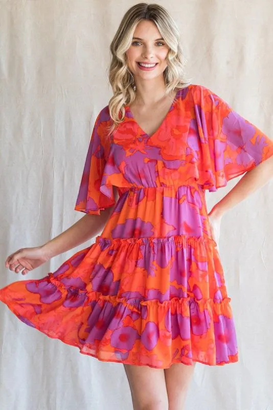 Orange Red Print Chiffon Short Bell Sleeves Dress sold by Pinkblush