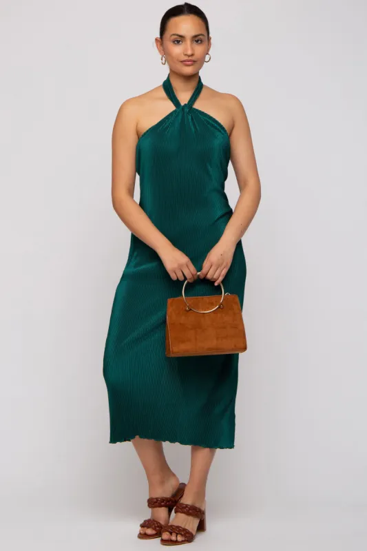 Forest Green Knot Front Plisse Halter Midi Dress sold by Pinkblush