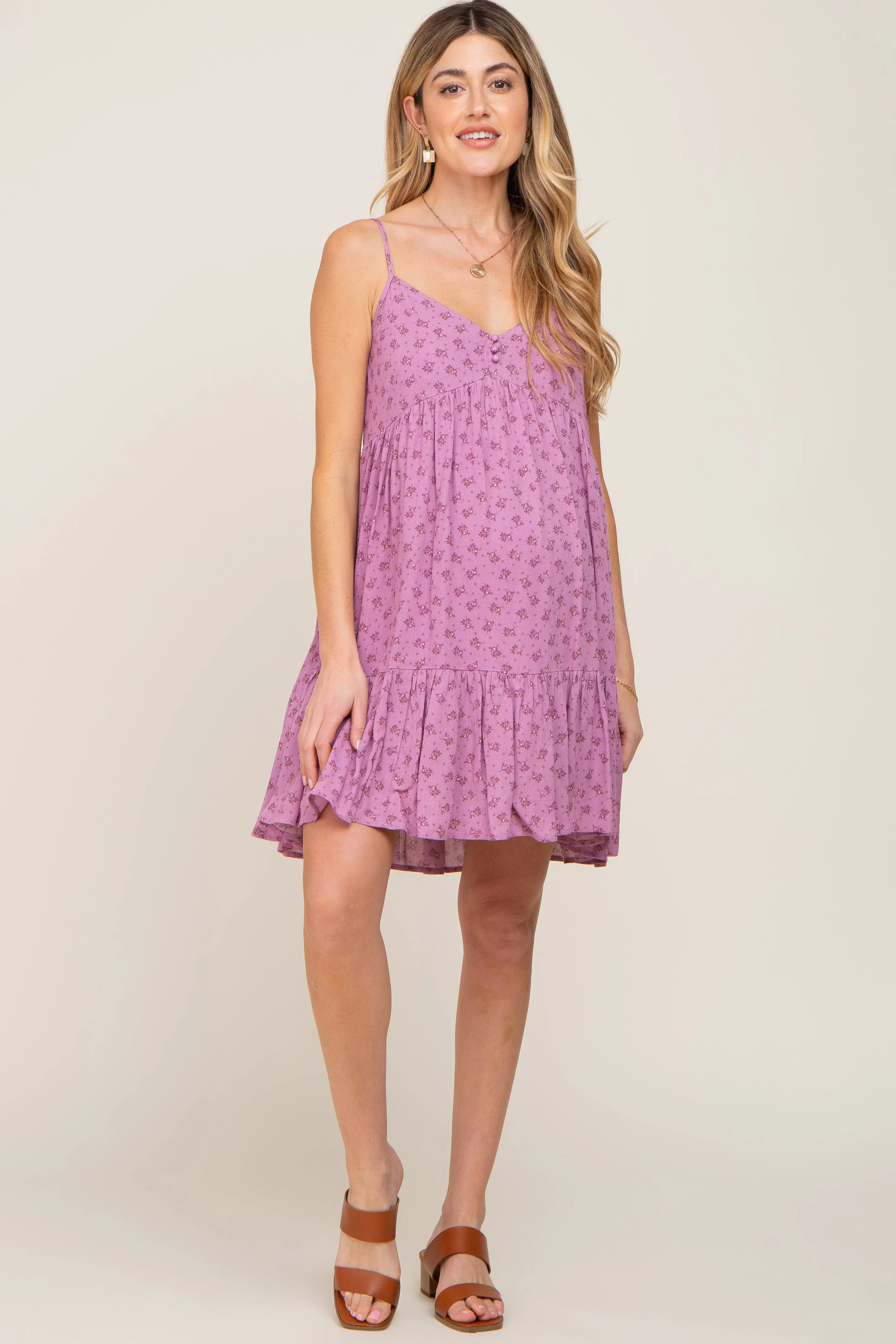 Lavender Floral Button Front Ruffle Maternity Dress sold by Pinkblush