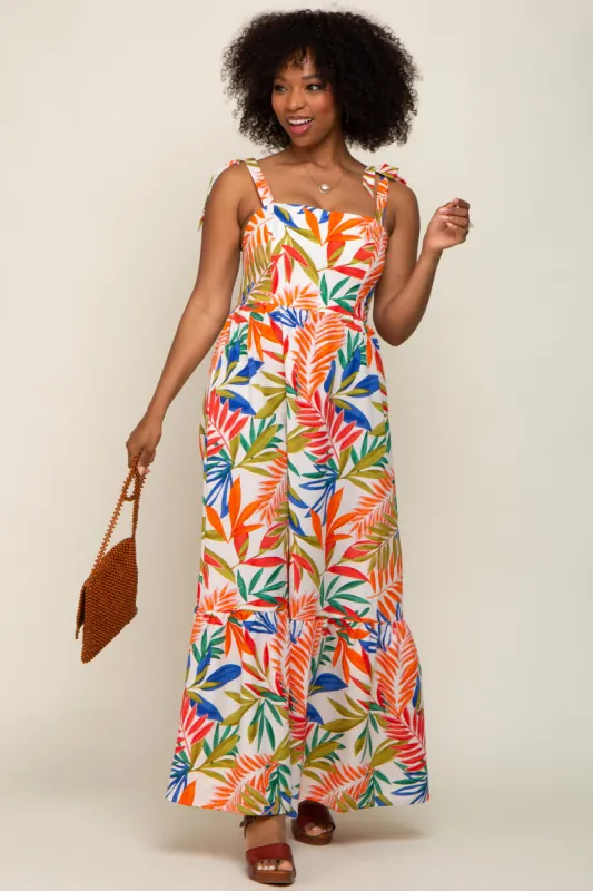 Orange Multi-Color Palm Print Shoulder Tie Maxi Dress sold by Pinkblush