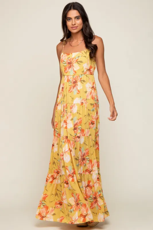 Yellow Floral Sleeveless Tiered Maxi Dress sold by Pinkblush