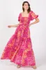 Fuchsia Floral Smocked Short Puff Sleeve Tiered Maternity Maxi Dress sold by Pinkblush
