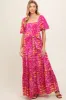 Fuchsia Floral Smocked Short Puff Sleeve Tiered Maternity Maxi Dress sold by Pinkblush