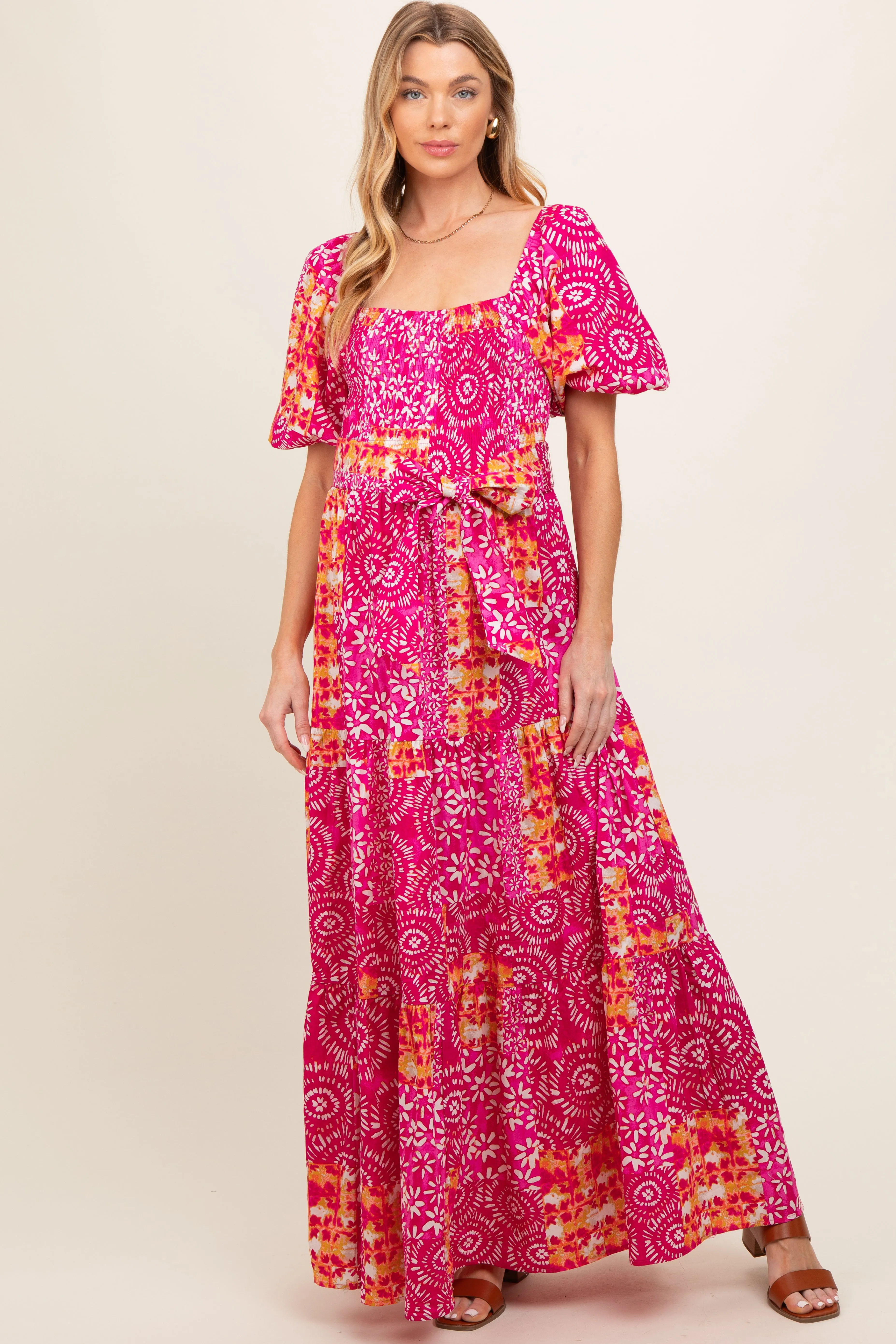 Fuchsia Floral Smocked Short Puff Sleeve Tiered Maternity Maxi Dress sold by Pinkblush