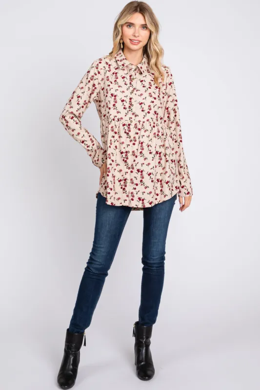 Cream Floral Corduroy Button Up Top sold by Pinkblush
