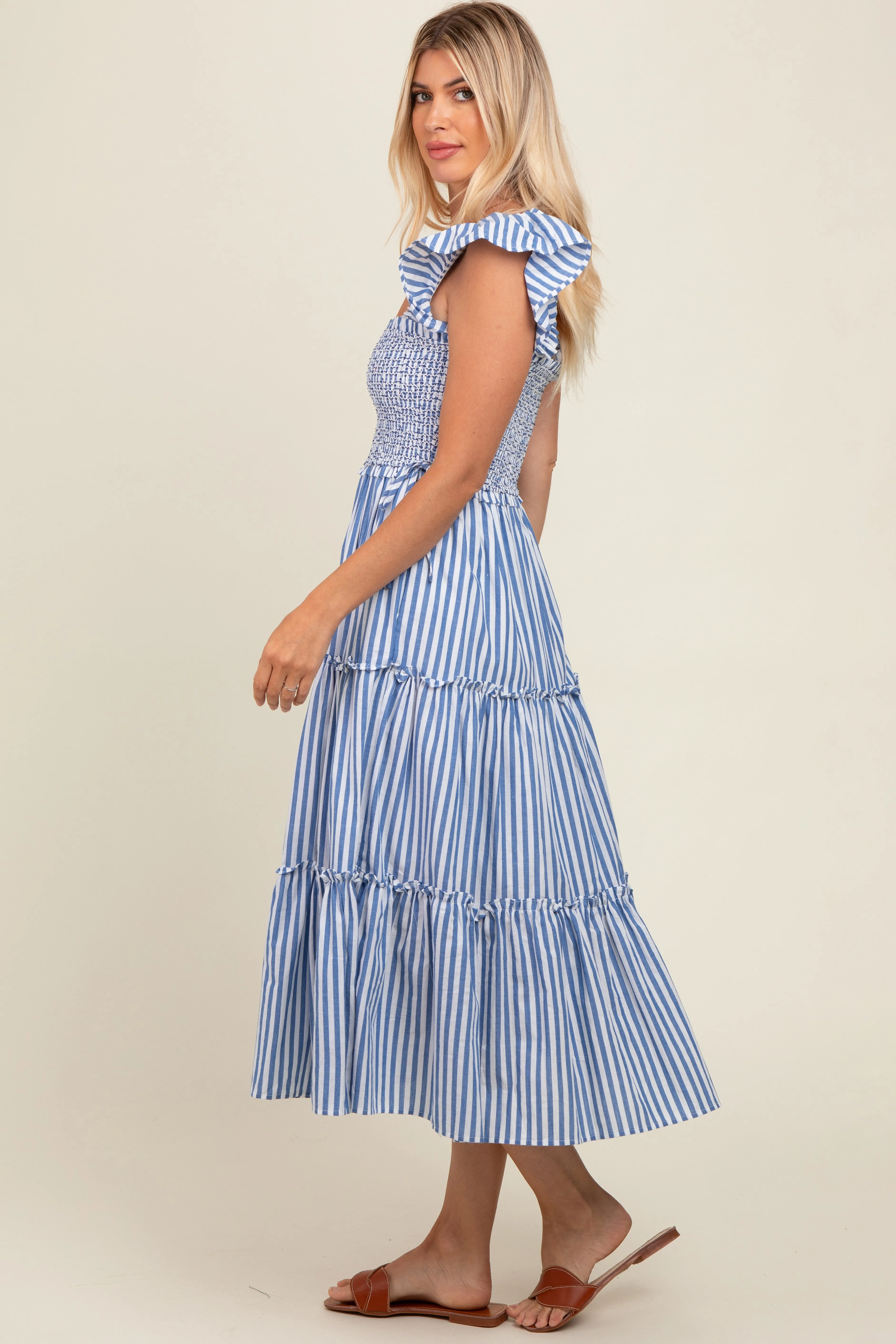 Blue Striped Smocked Ruffle Tiered Midi Dress sold by Pinkblush product image thumbnail 3
