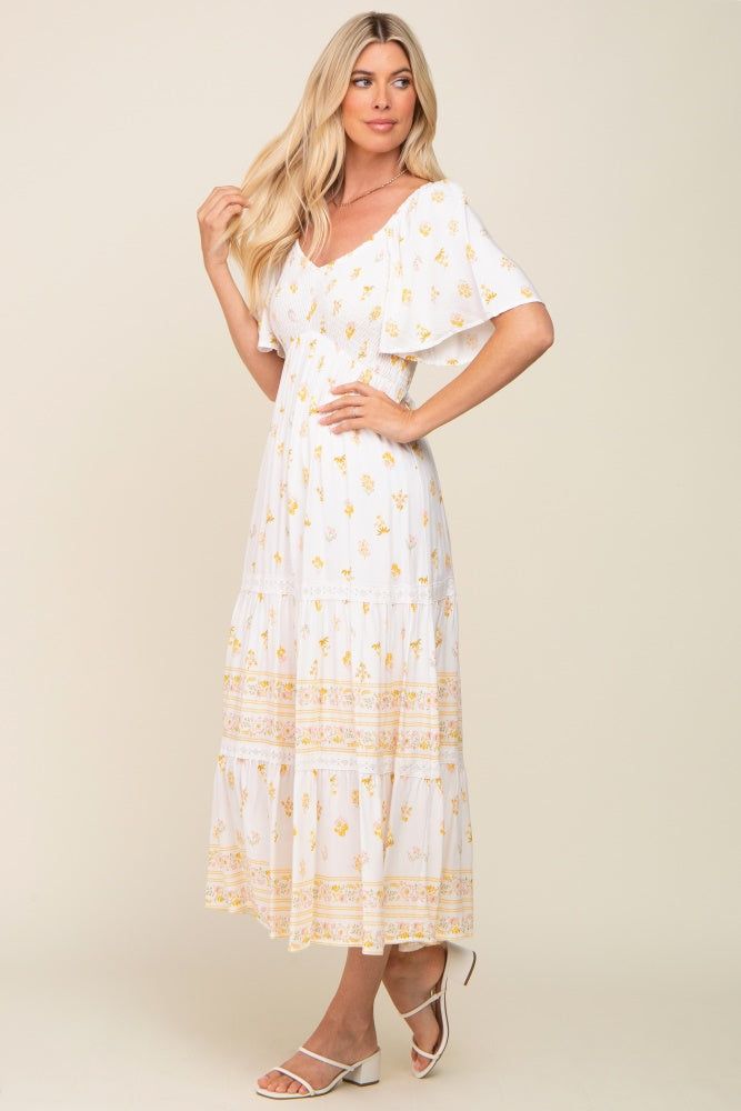 Ivory Floral Flutter Sleeve Midi Dress sold by Pinkblush product image thumbnail 2