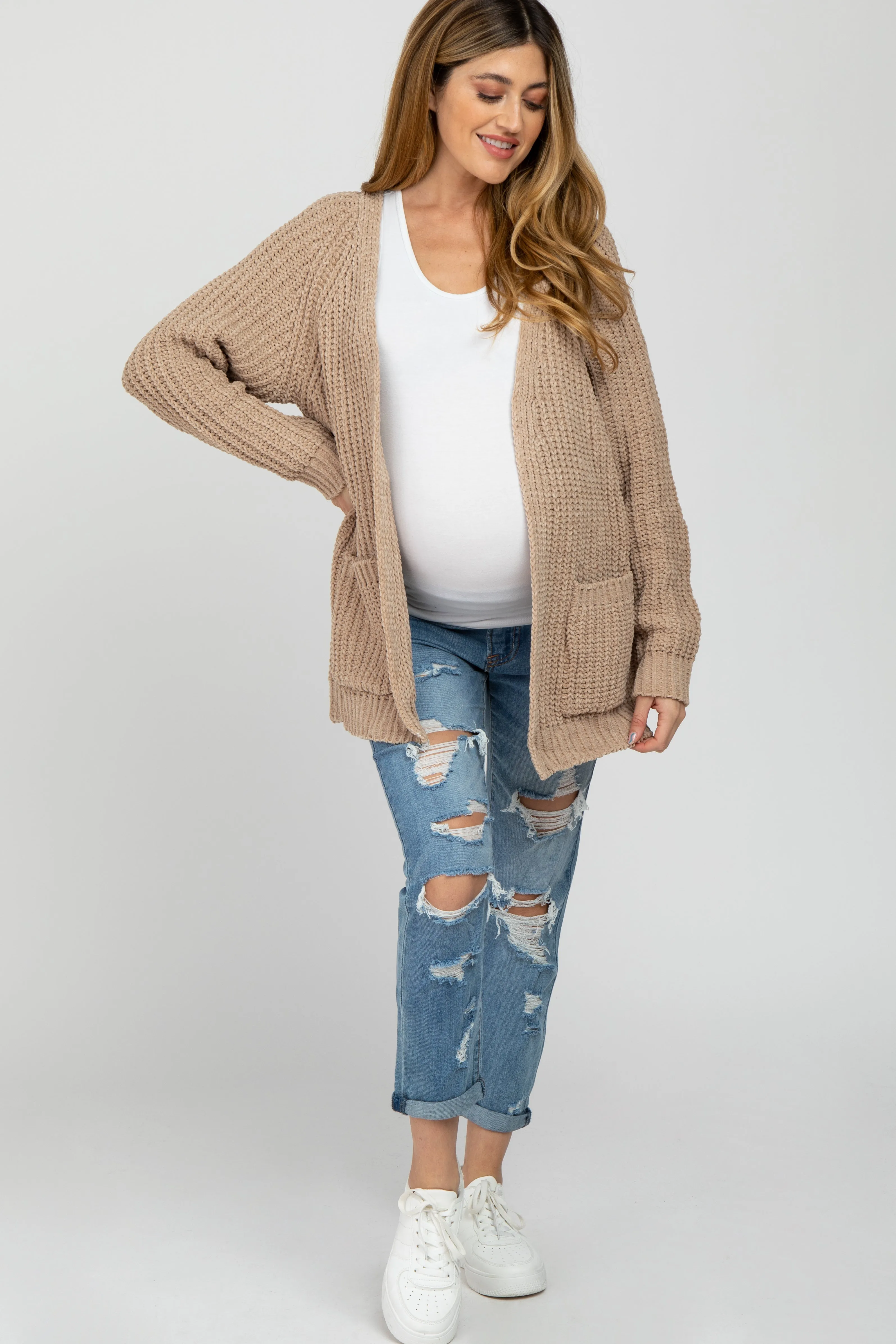 Taupe Ribbed Cable Knit Maternity Cardigan sold by Pinkblush