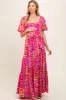 Fuchsia Floral Smocked Short Puff Sleeve Tiered Maternity Maxi Dress sold by Pinkblush