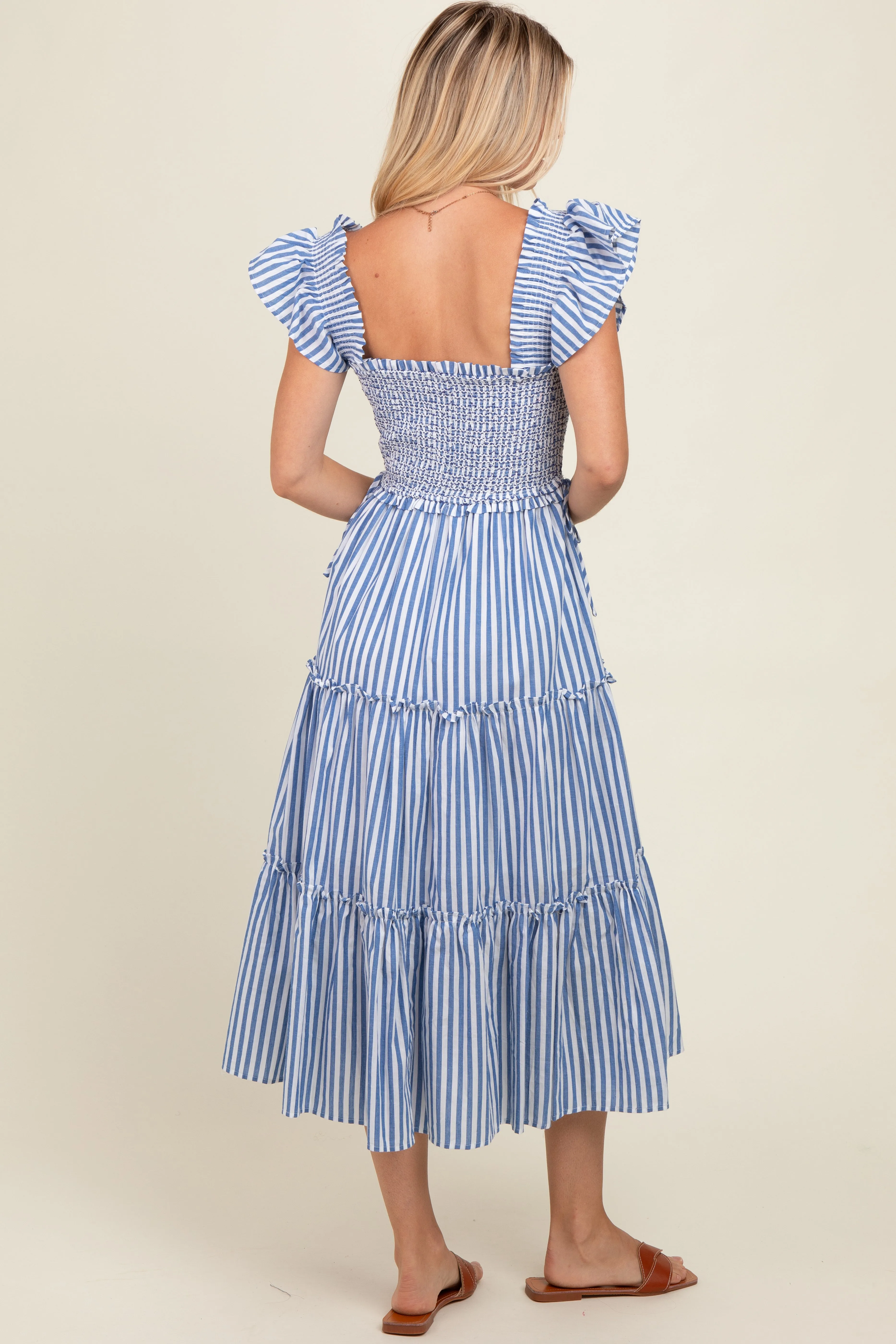 Blue Striped Smocked Ruffle Tiered Midi Dress sold by Pinkblush product image thumbnail 4