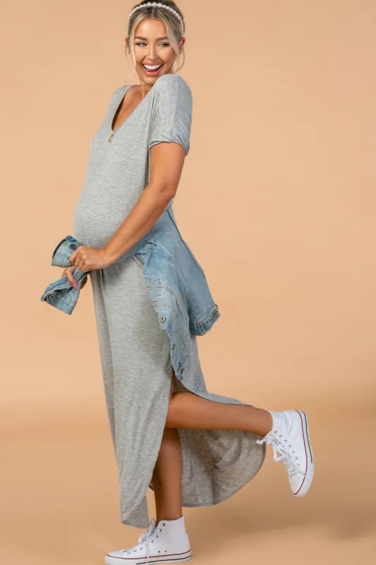 Grey Solid Short Sleeve Maternity Maxi Dress sold by Pinkblush