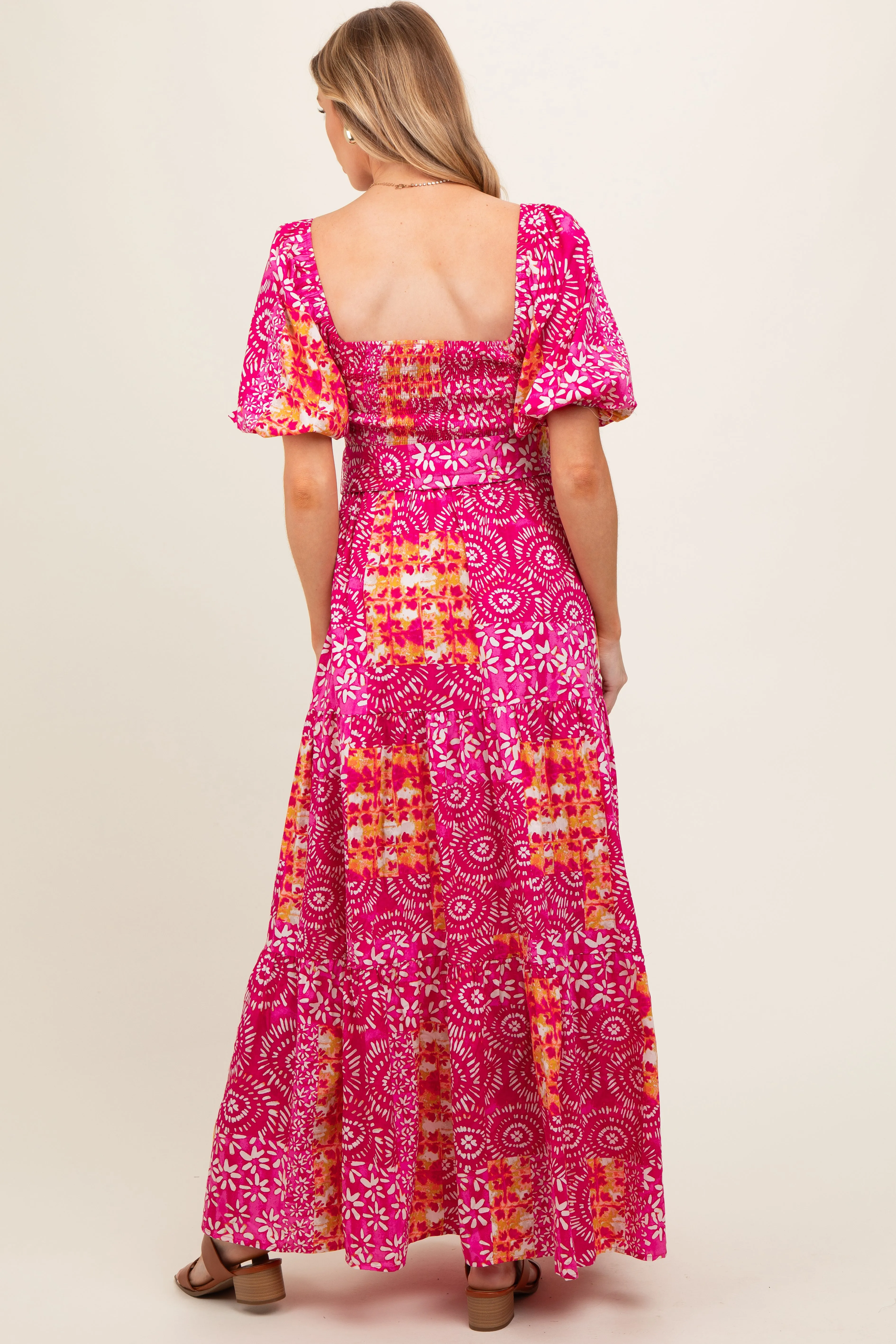 Fuchsia Floral Smocked Short Puff Sleeve Tiered Maternity Maxi Dress sold by Pinkblush product image thumbnail 3