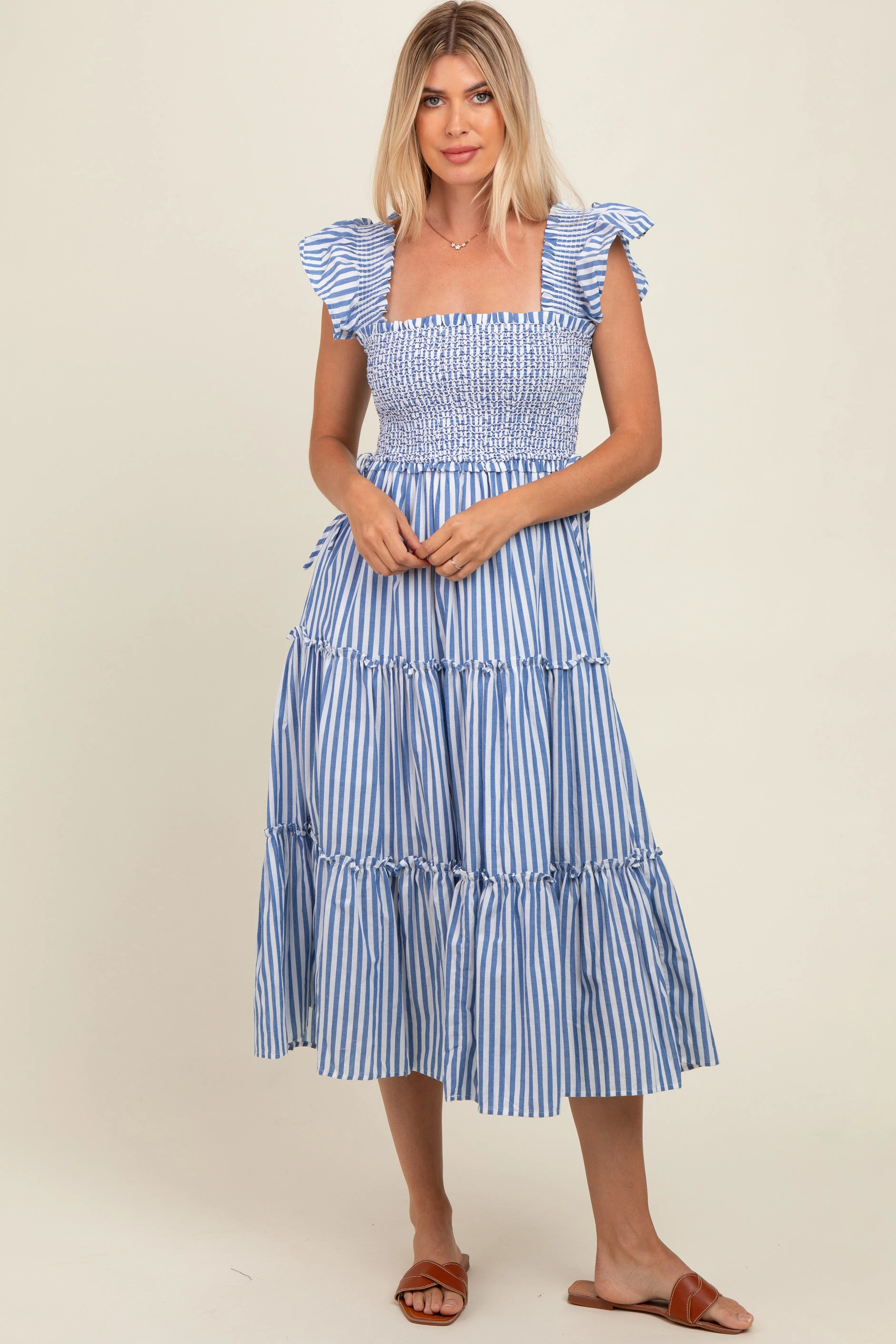 Blue Striped Smocked Ruffle Tiered Midi Dress sold by Pinkblush product image thumbnail 2