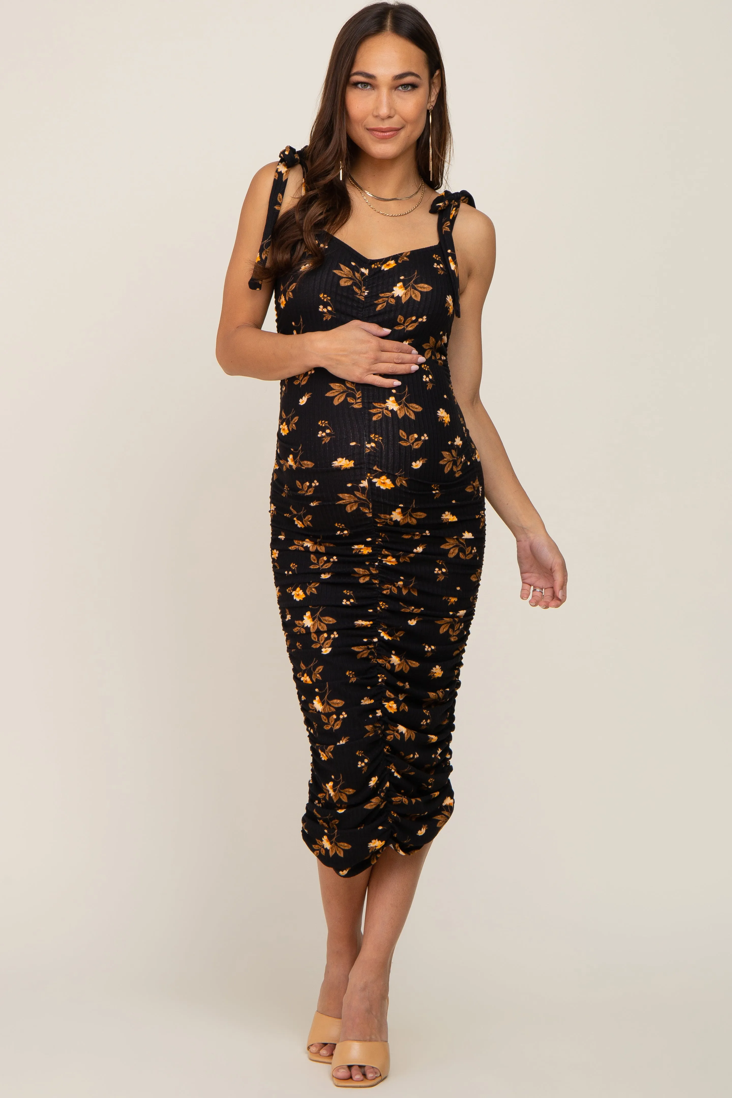 Black Floral Ruched Shoulder Tie Maternity Midi Dress sold by Pinkblush