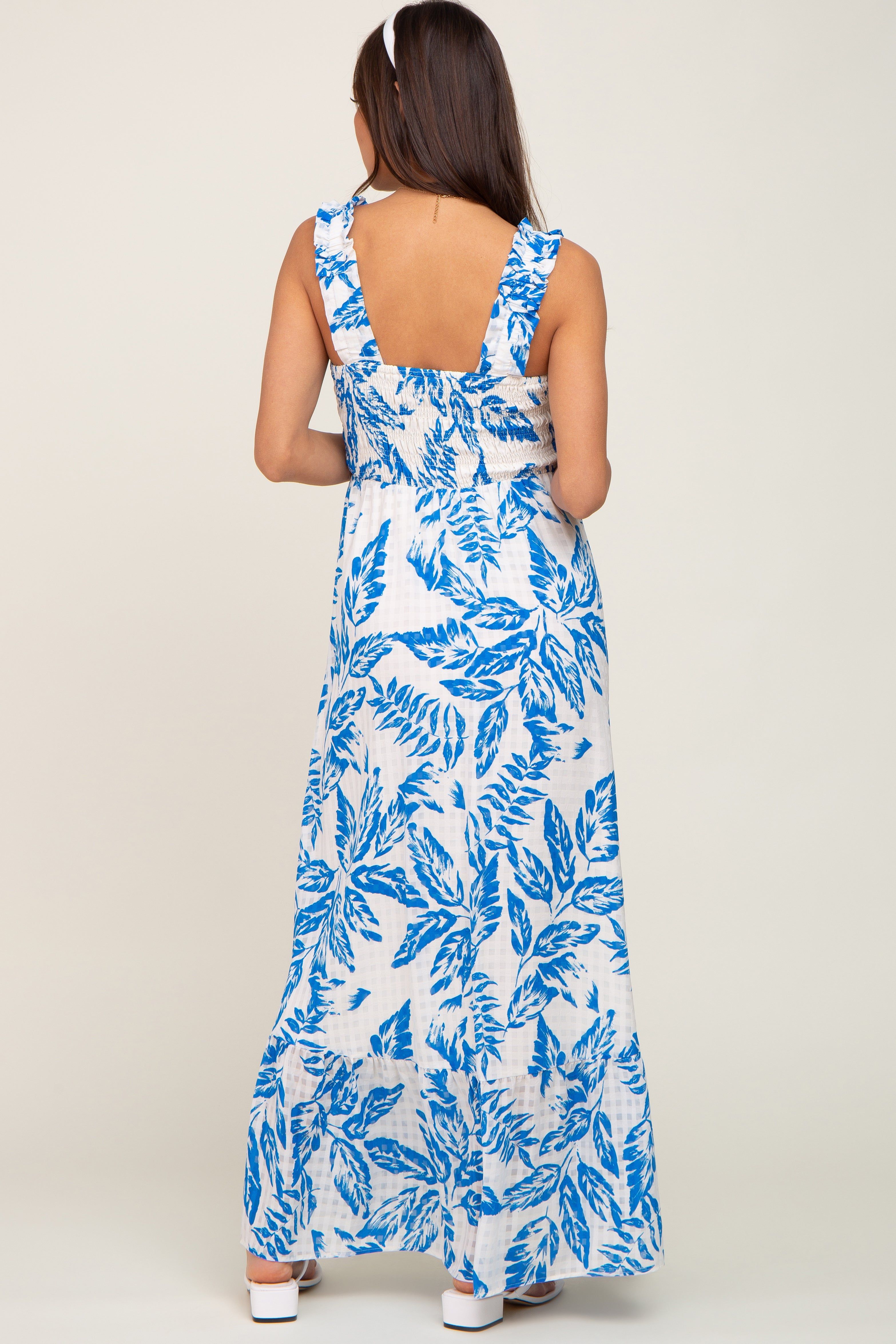 Blue Leaf Printed Smocked Ruffle Maternity Maxi Dress sold by Pinkblush product image thumbnail 3