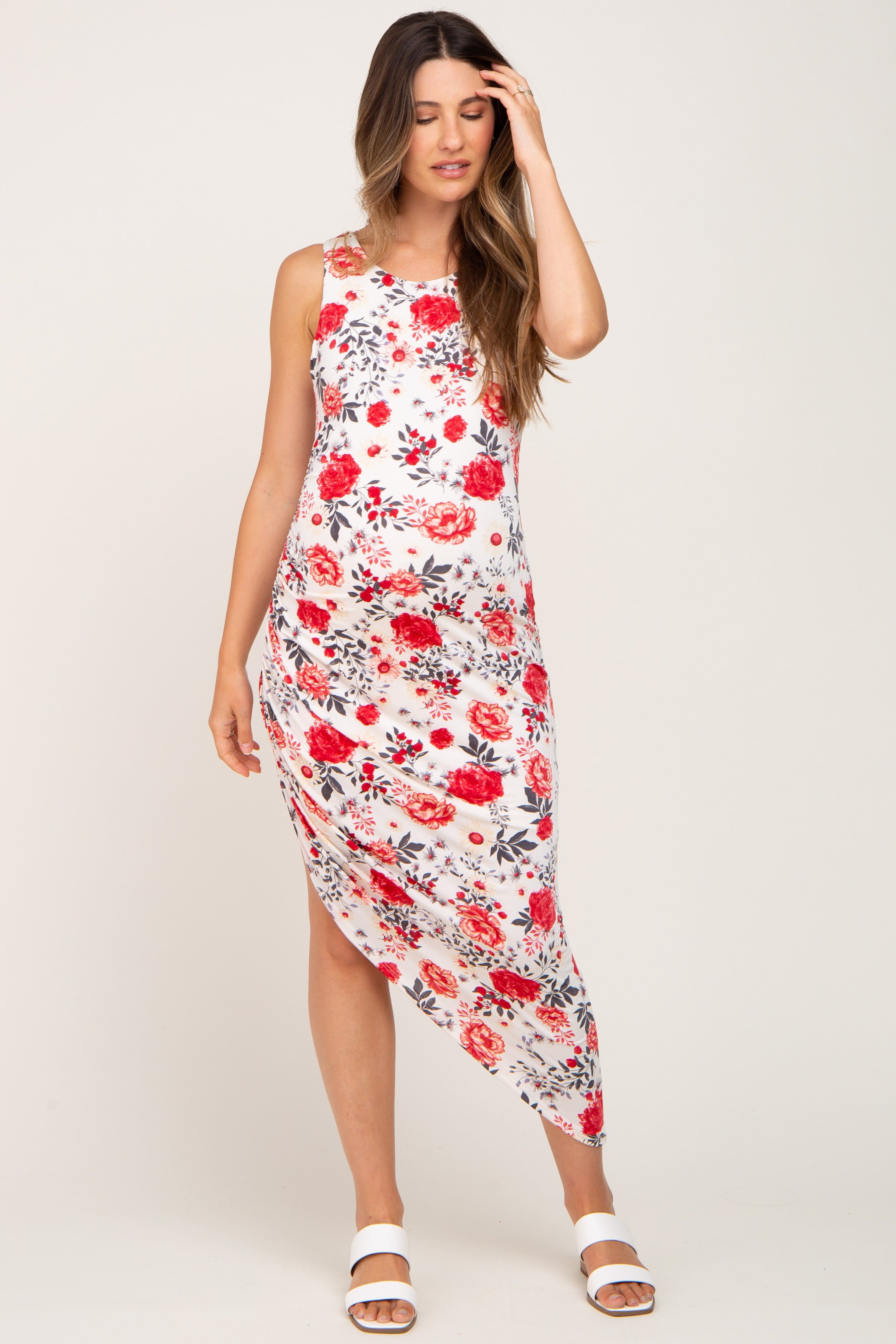 Ivory Floral Ruched Asymmetrical Maternity Midi Dress sold by Pinkblush