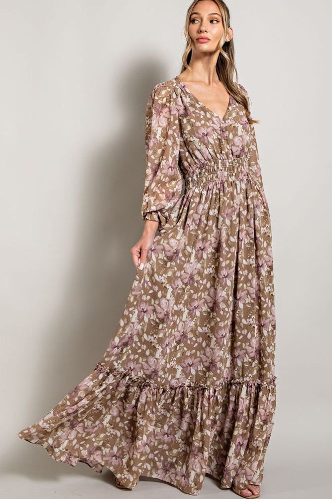 Mocha Floral Chiffon Button Front Smocked Waist Maxi Dress sold by Pinkblush
