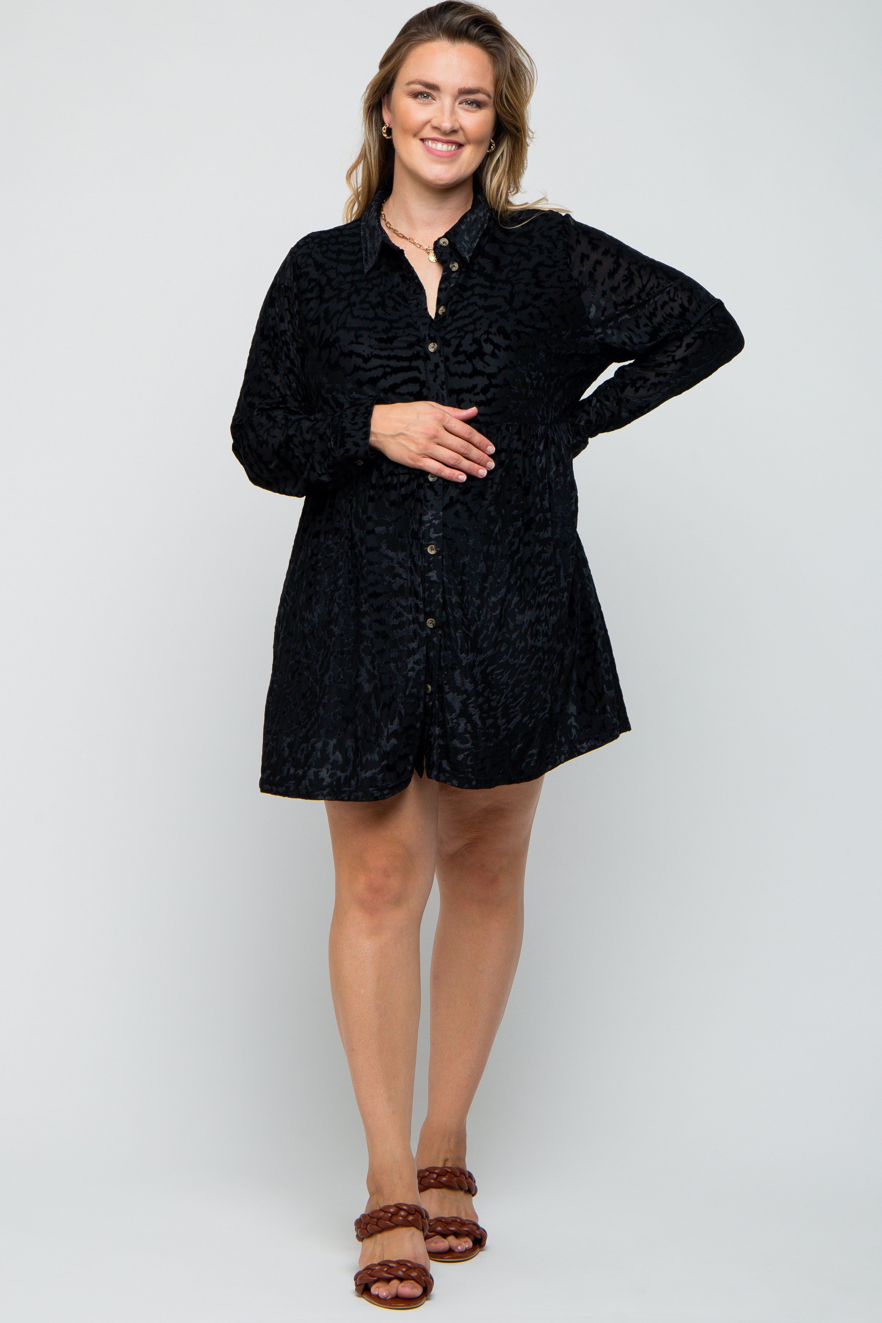 Black Burnout Velvet Maternity Plus Button Up Dress sold by Pinkblush product image thumbnail 2