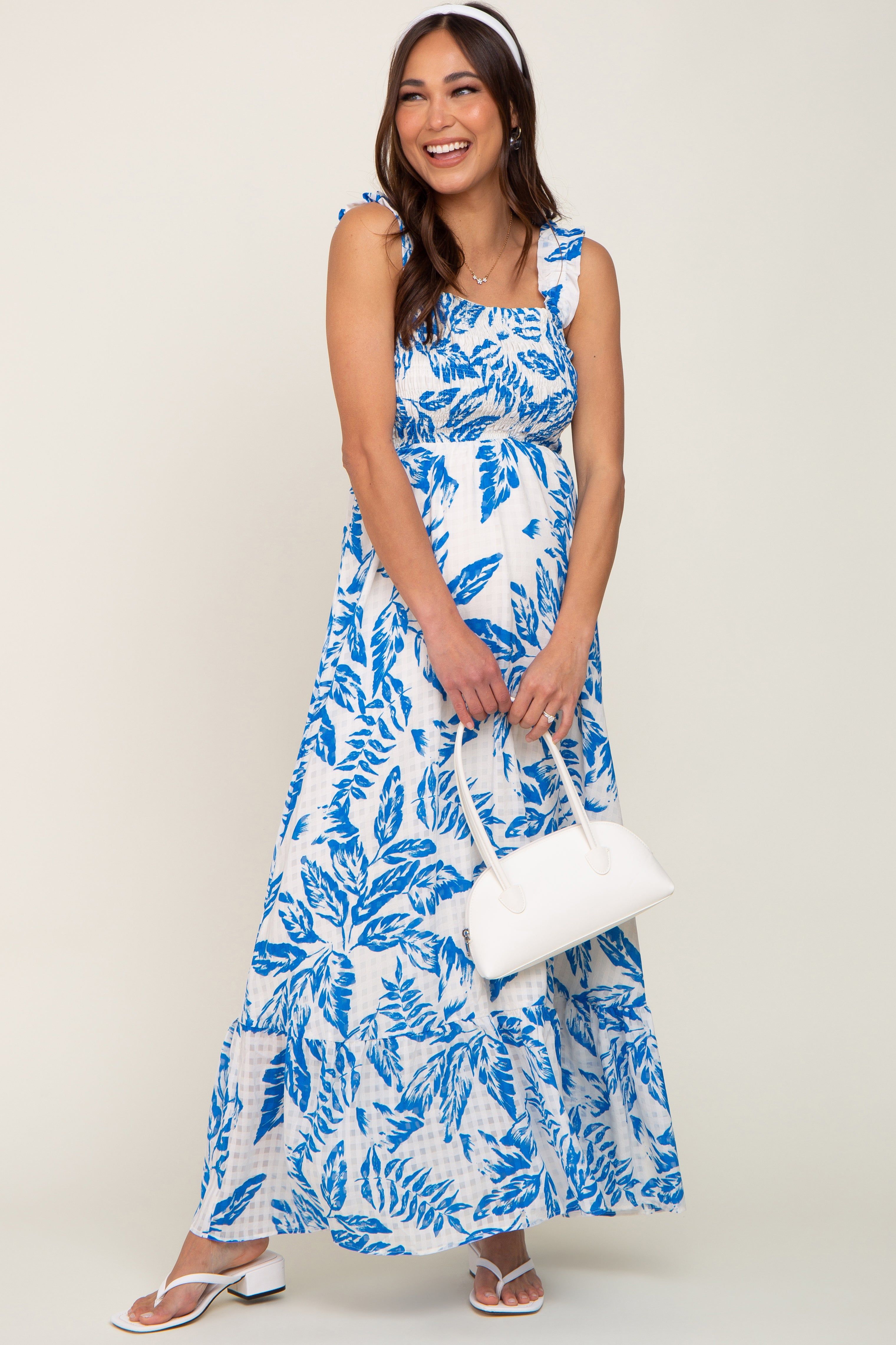 Blue Leaf Printed Smocked Ruffle Maternity Maxi Dress sold by Pinkblush product image thumbnail 4