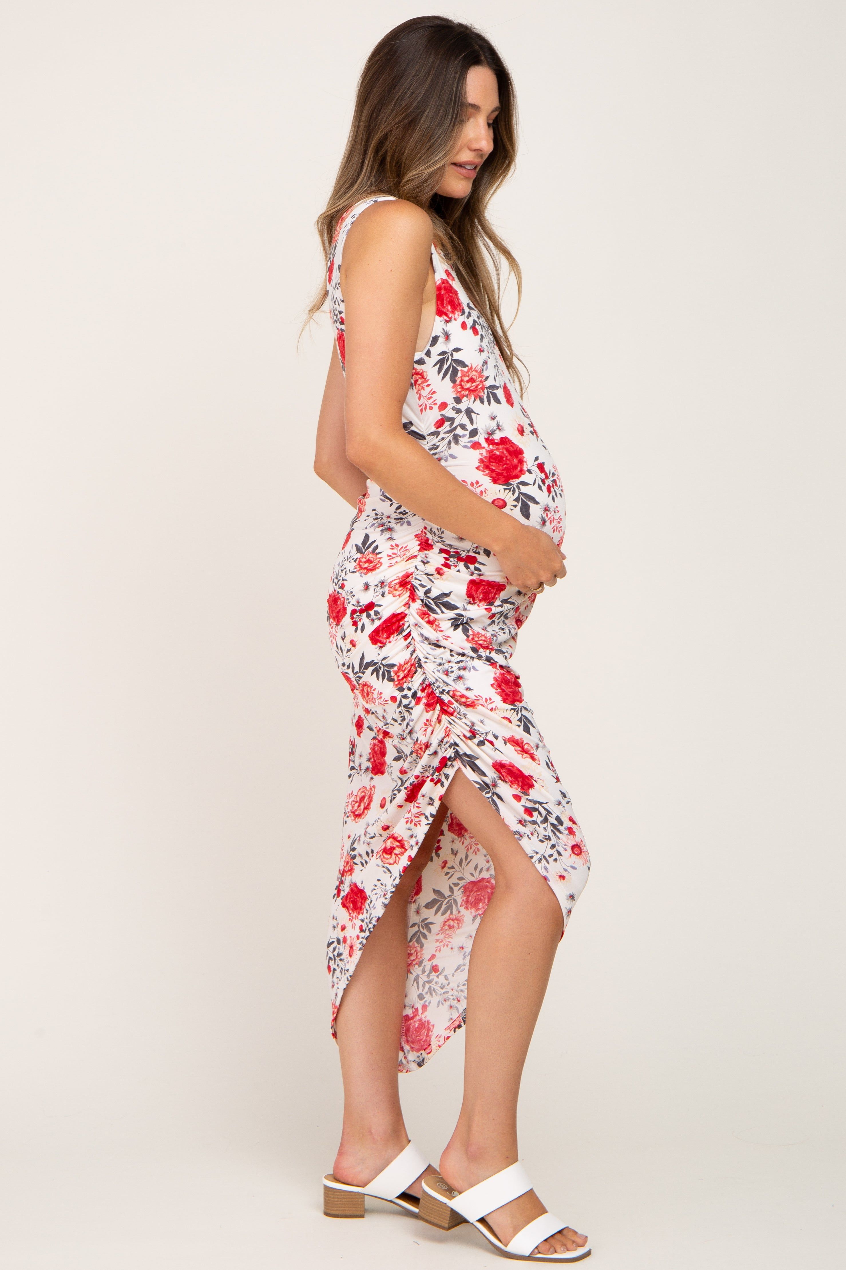 Ivory Floral Ruched Asymmetrical Maternity Midi Dress sold by Pinkblush product image thumbnail 2