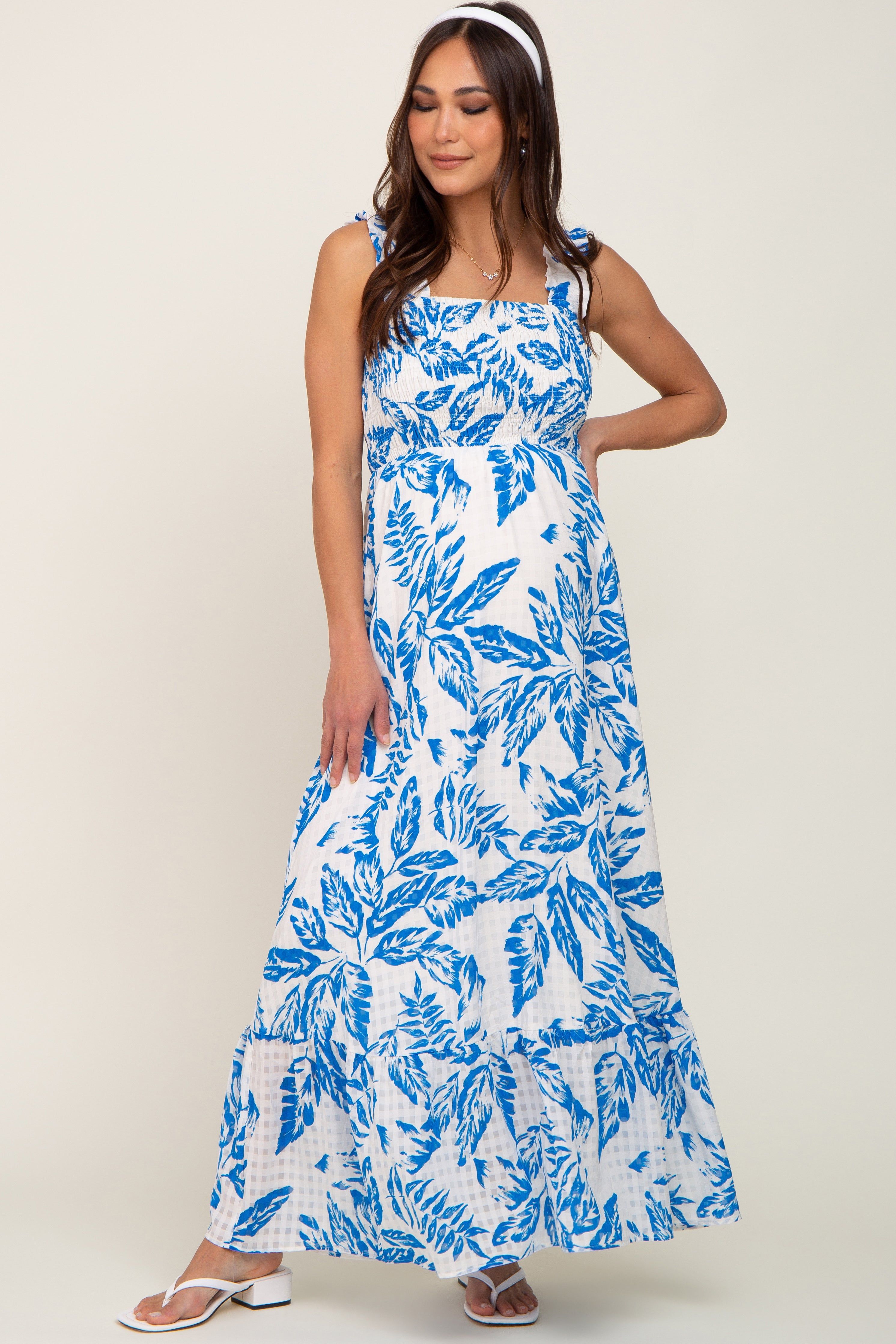 Blue Leaf Printed Smocked Ruffle Maternity Maxi Dress sold by Pinkblush product image thumbnail 5