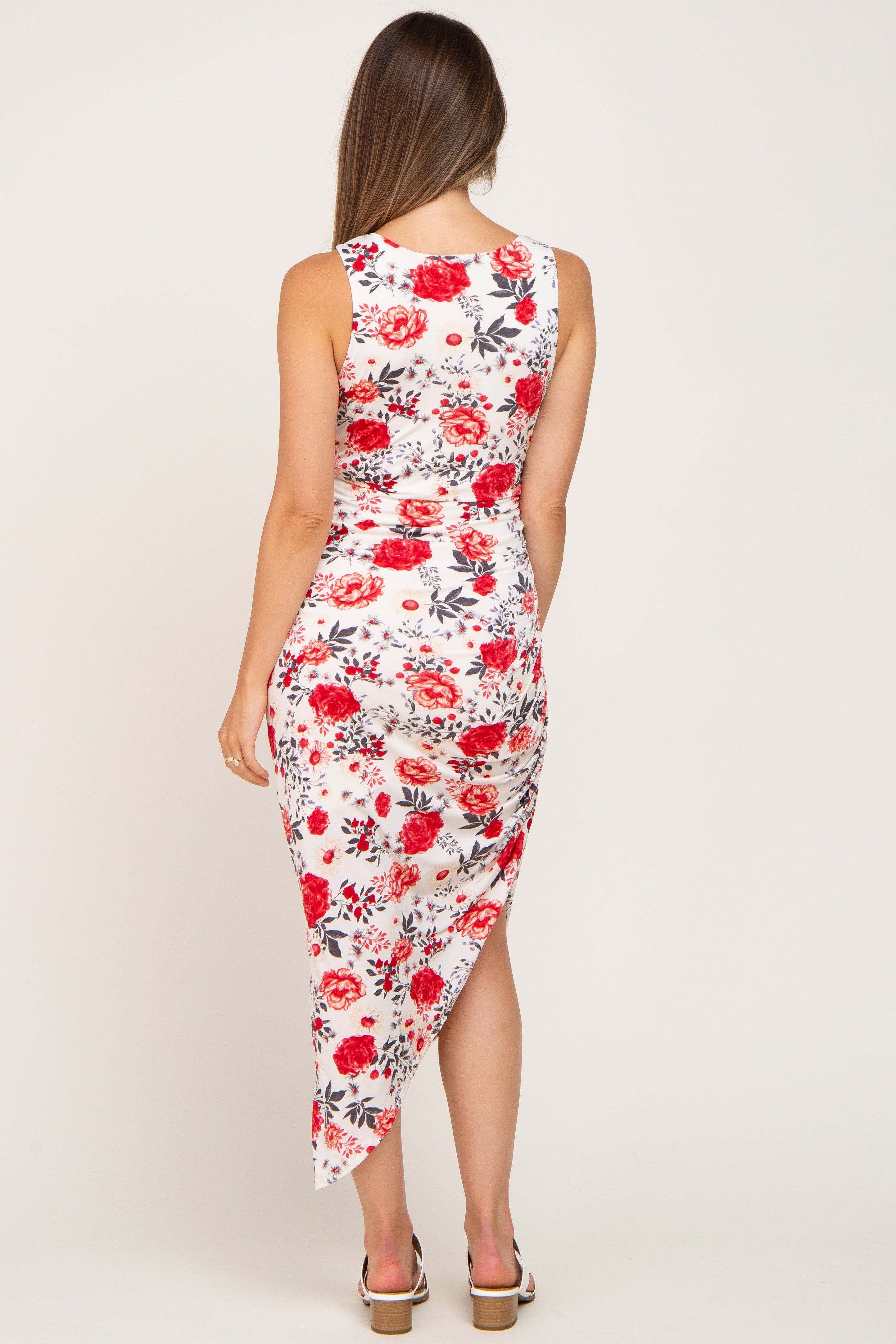 Ivory Floral Ruched Asymmetrical Maternity Midi Dress sold by Pinkblush product image thumbnail 3