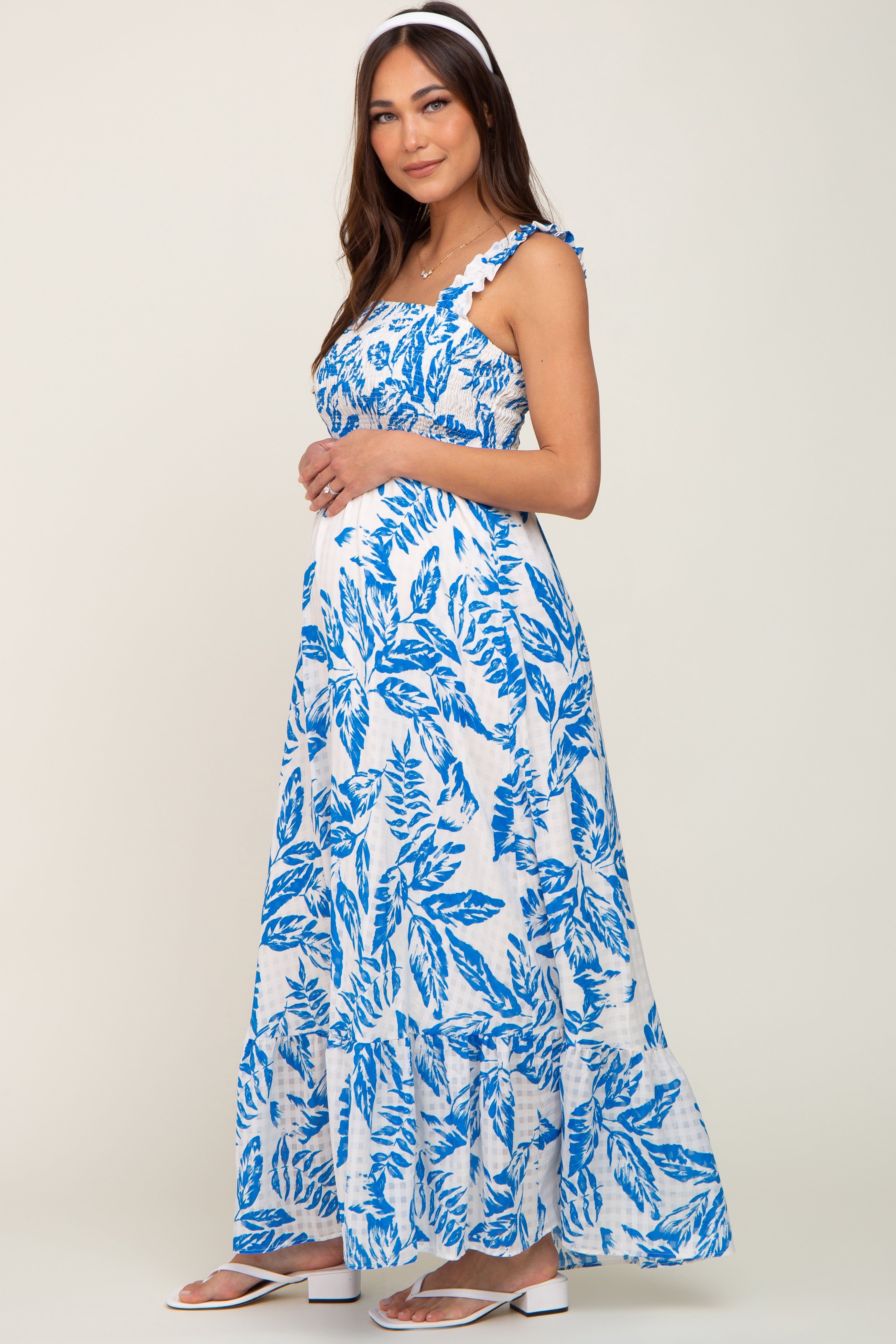 Blue Leaf Printed Smocked Ruffle Maternity Maxi Dress sold by Pinkblush product image thumbnail 2