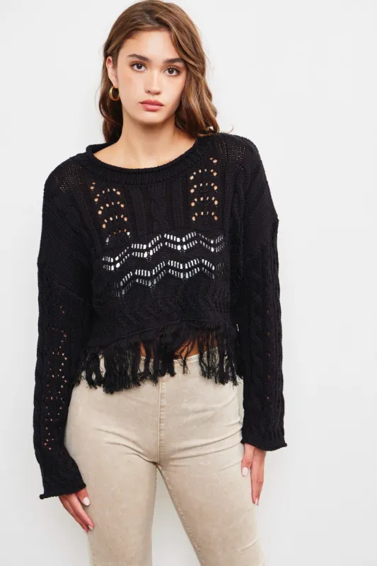 Black Hollow Out Fringe Top sold by Pinkblush