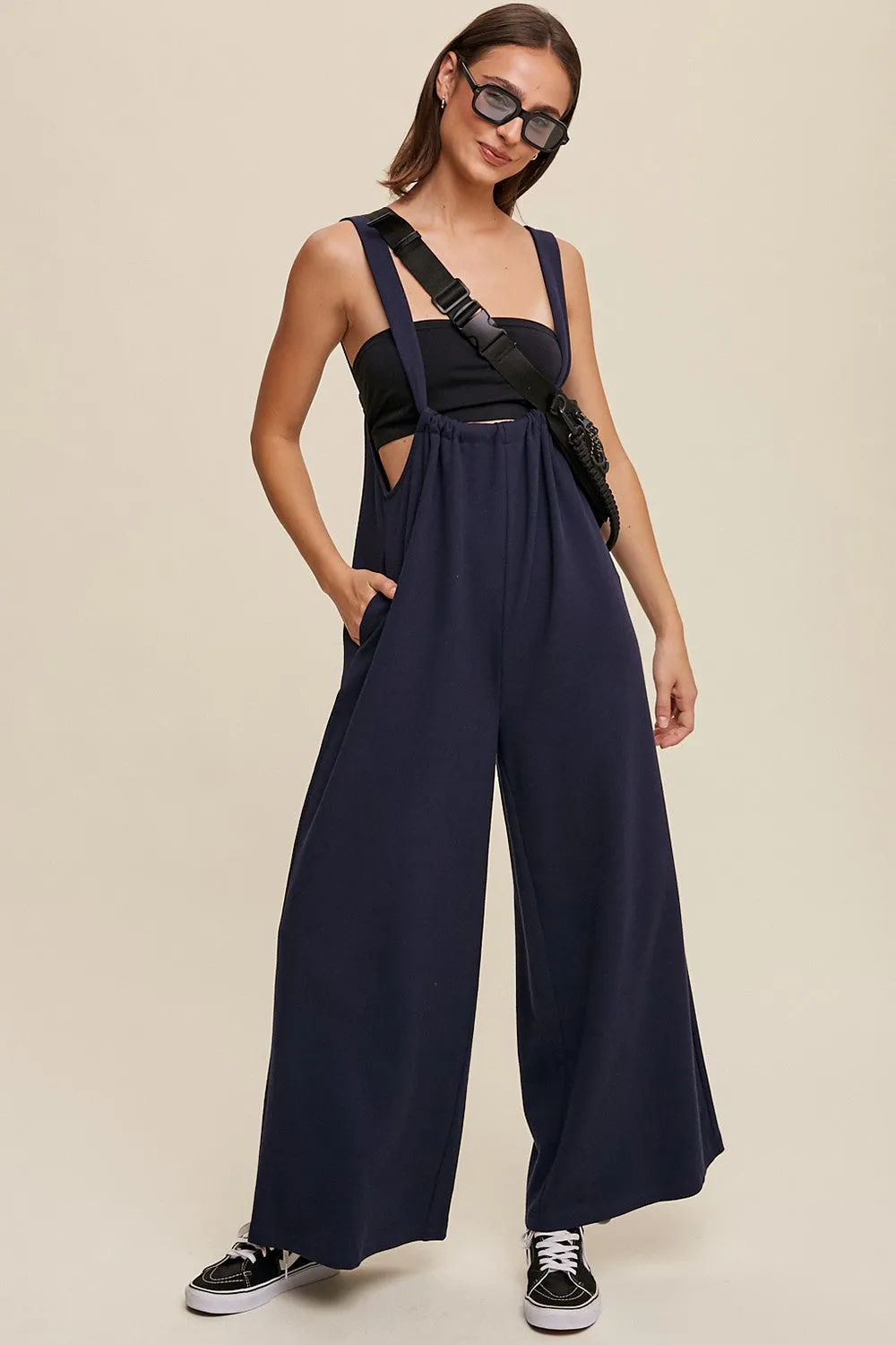 Navy Ribbed Drawstring Wide Leg Jumpsuit sold by Pinkblush