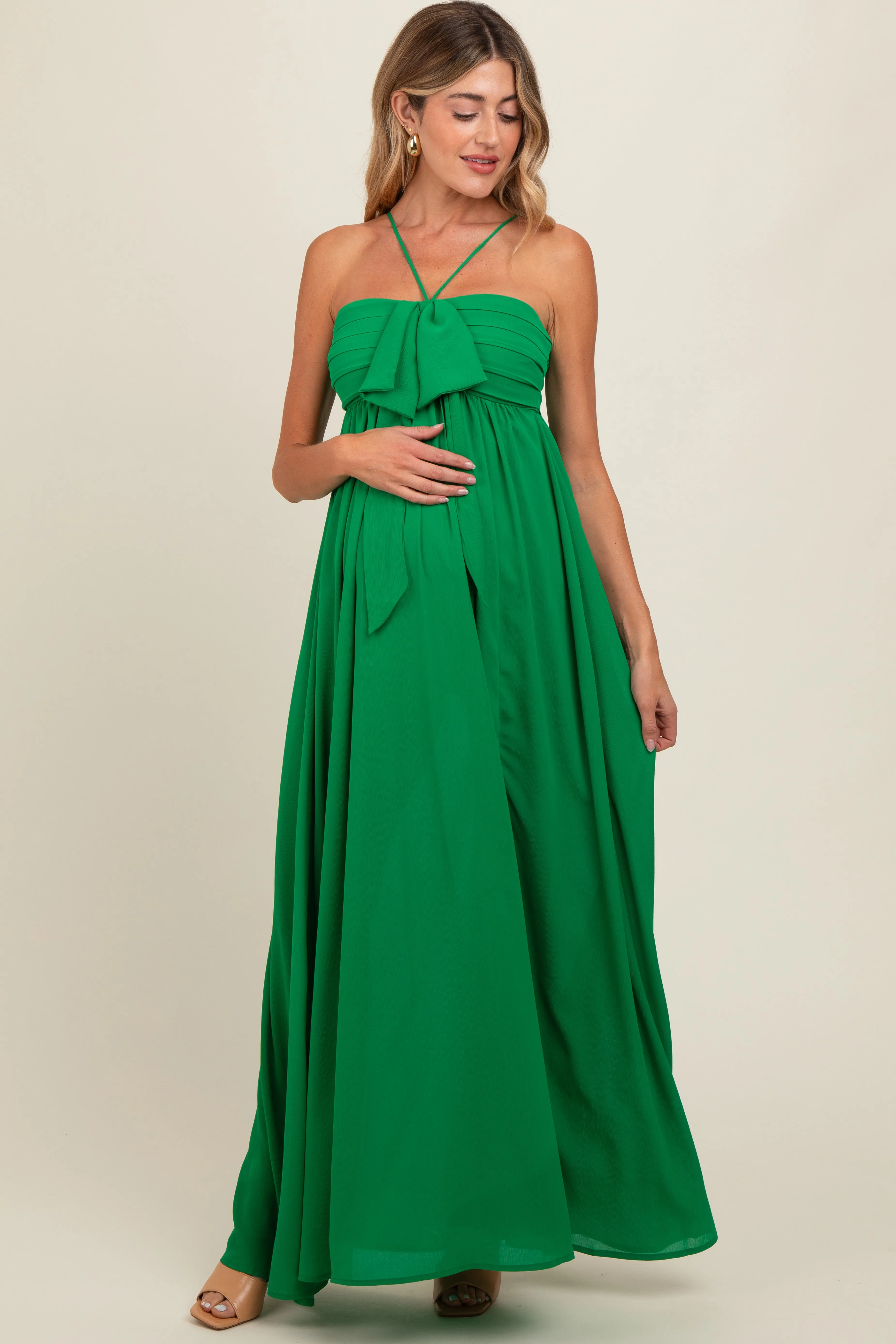 Green Pleated Front Tie Side Slit Maternity Maxi Dress sold by Pinkblush product image thumbnail 2