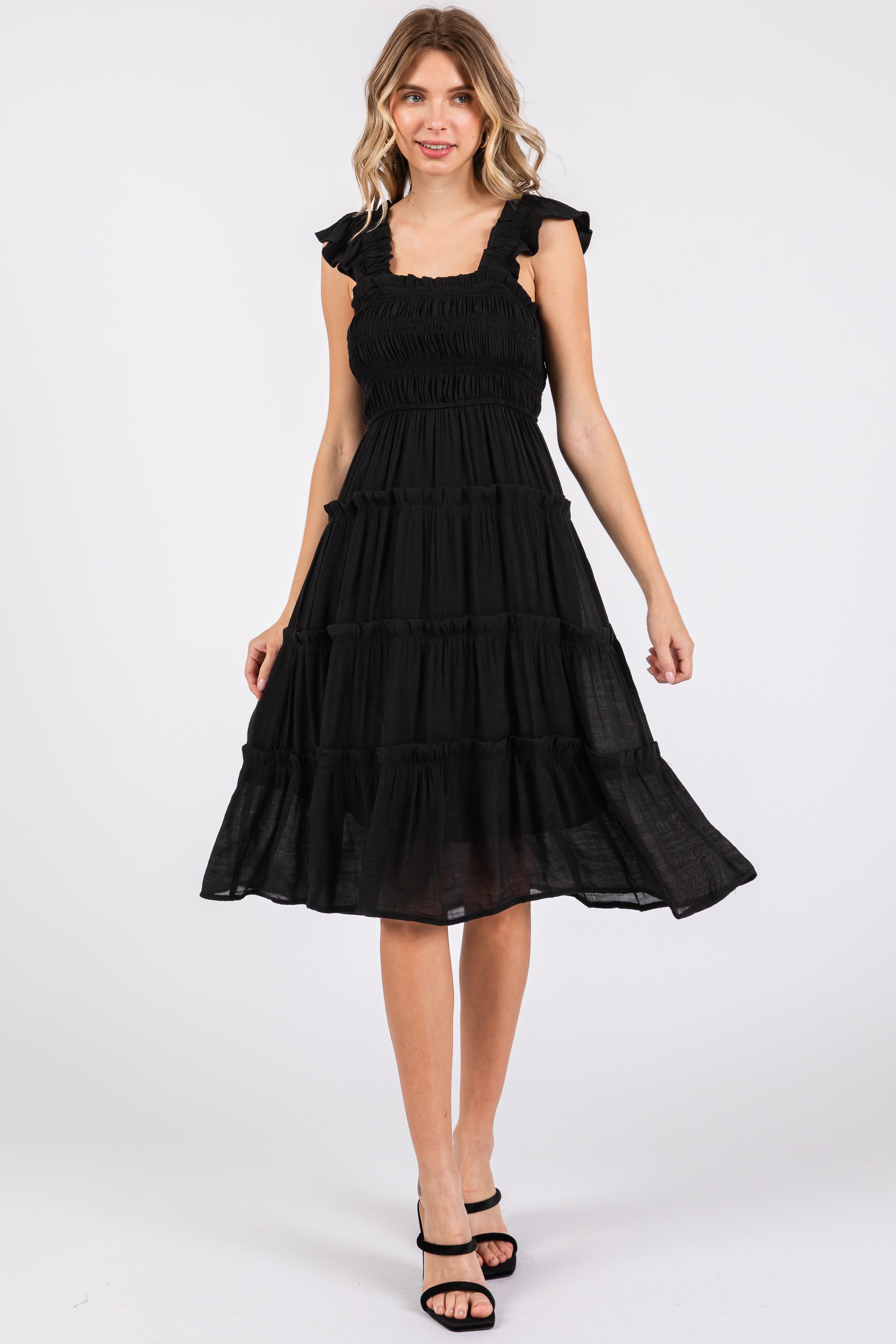 Black Sleeveless Smocked Tiered Midi Dress sold by Pinkblush