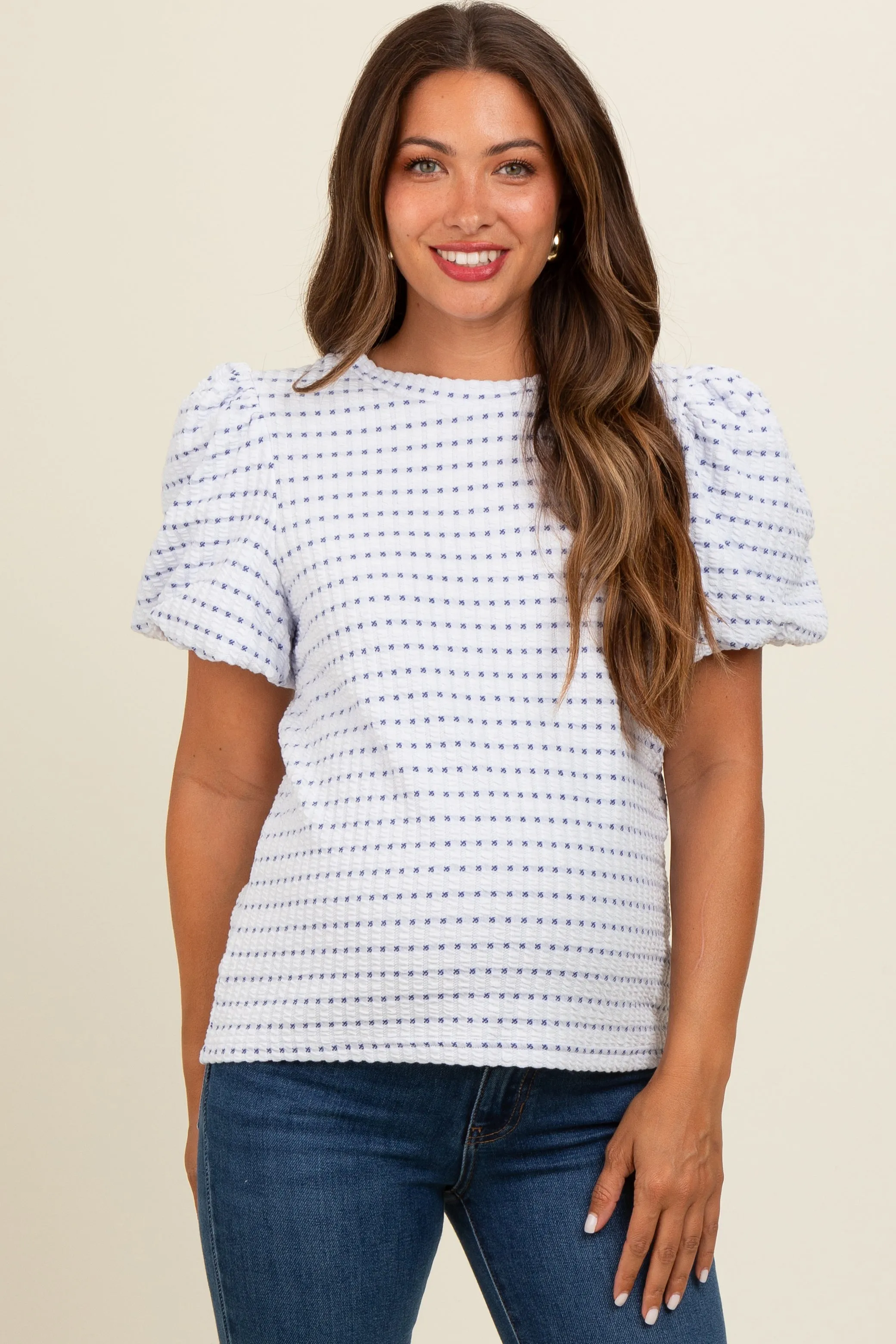 Blue Checker Print Puff Sleeve Maternity Top sold by Pinkblush