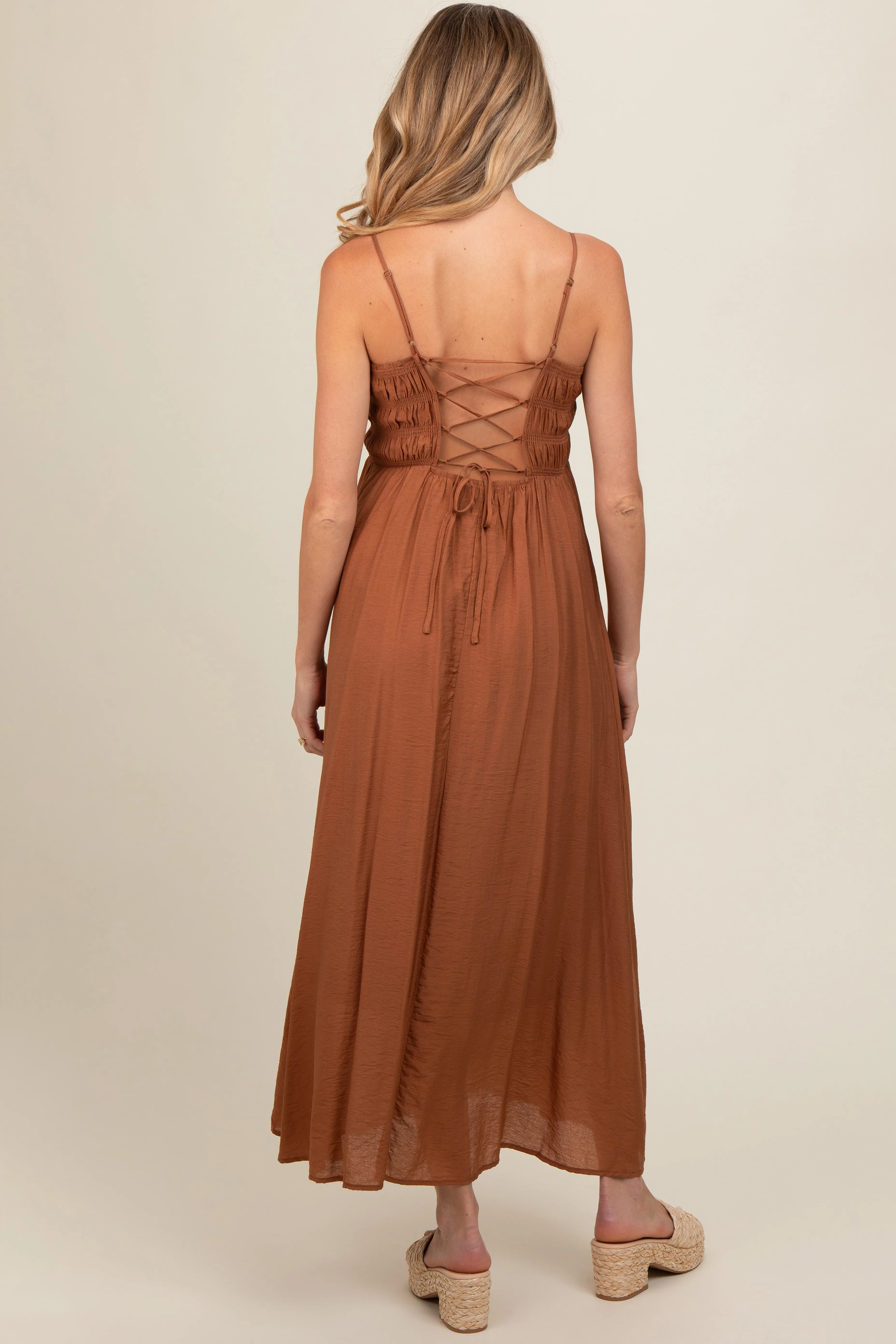 Rust Smocked Cutout Lace Up Back Maternity Maxi Dress sold by Pinkblush product image thumbnail 3