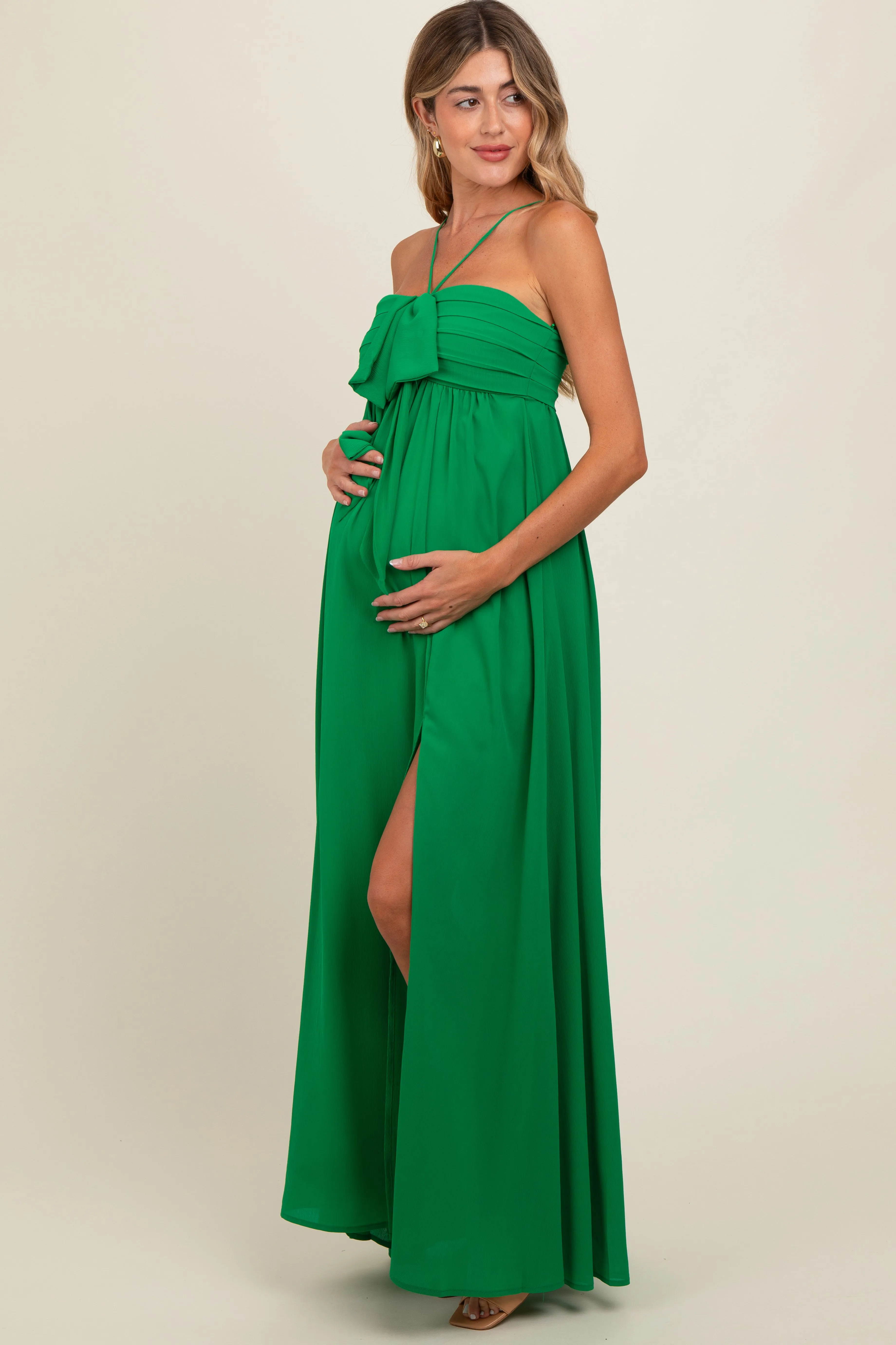 Green Pleated Front Tie Side Slit Maternity Maxi Dress sold by Pinkblush product image thumbnail 3