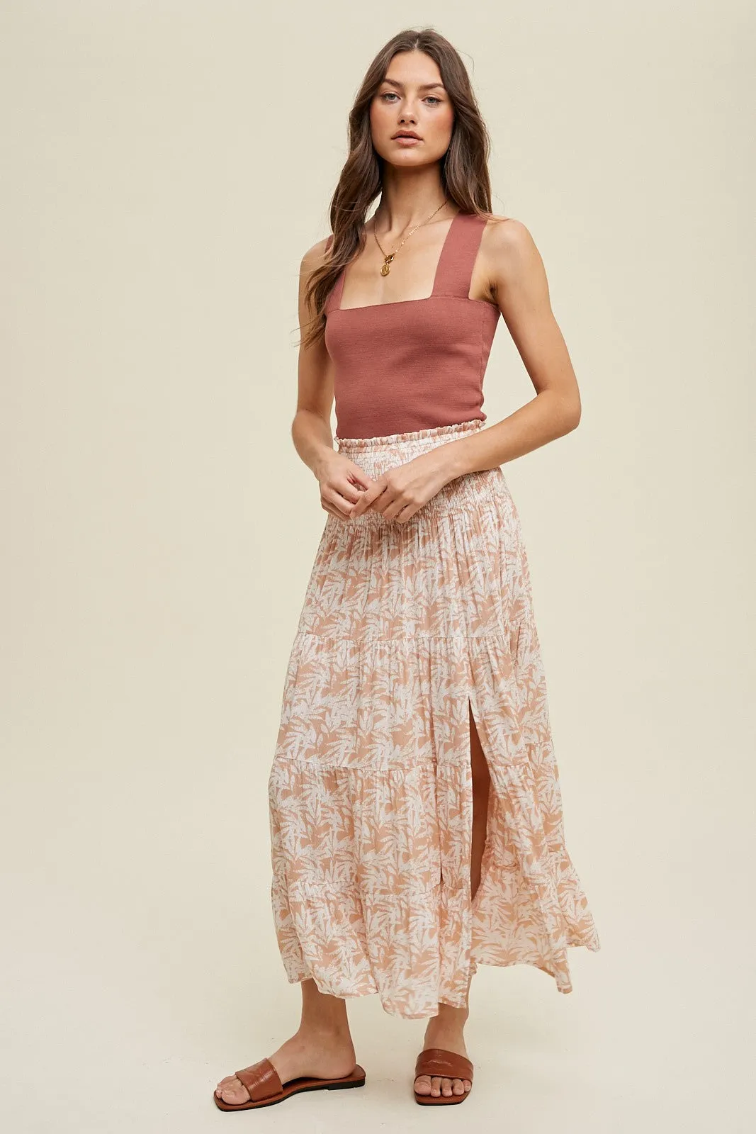 Pink Tropical Tiered Midi Skirt With Slit sold by Pinkblush