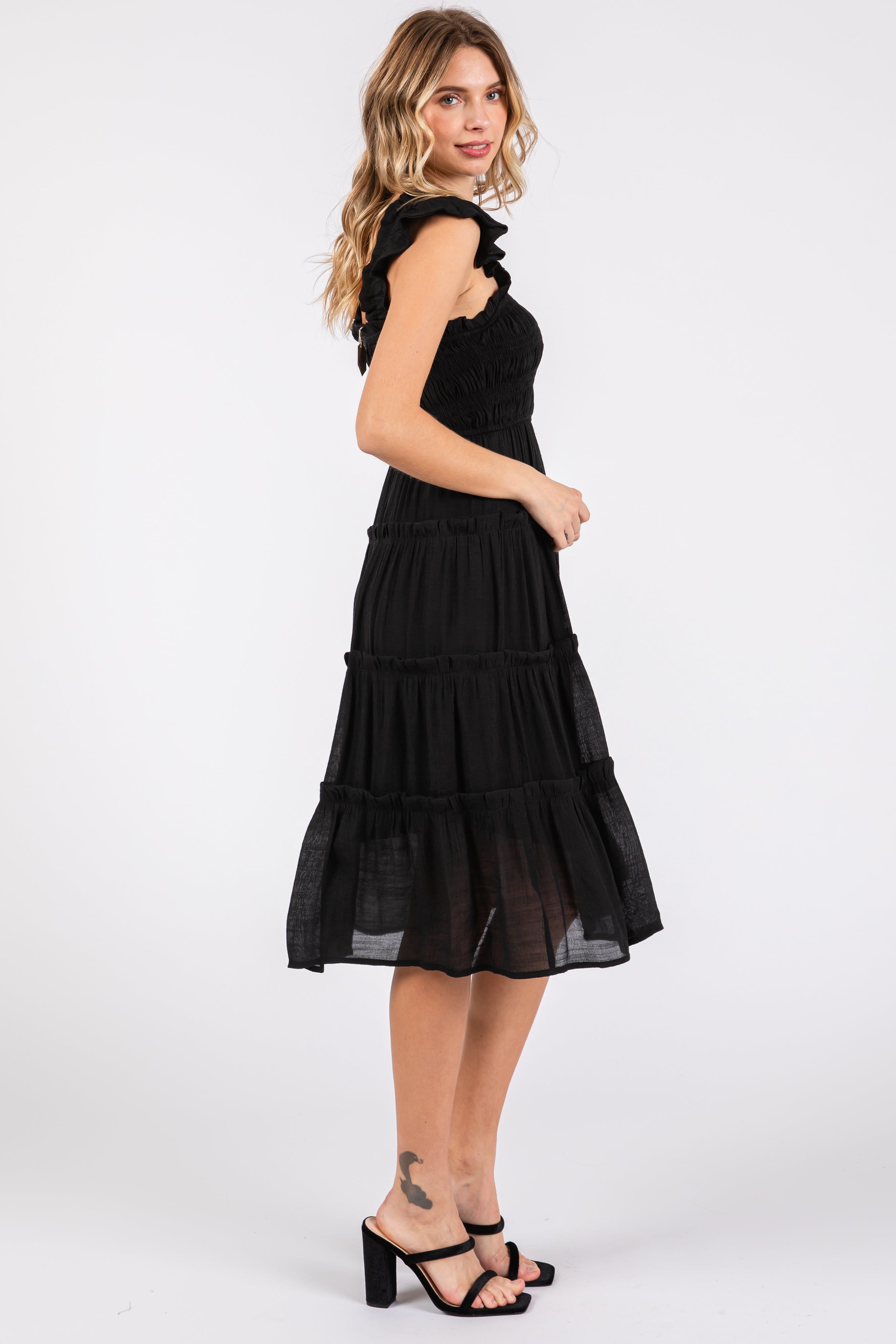 Black Sleeveless Smocked Tiered Midi Dress sold by Pinkblush product image thumbnail 2