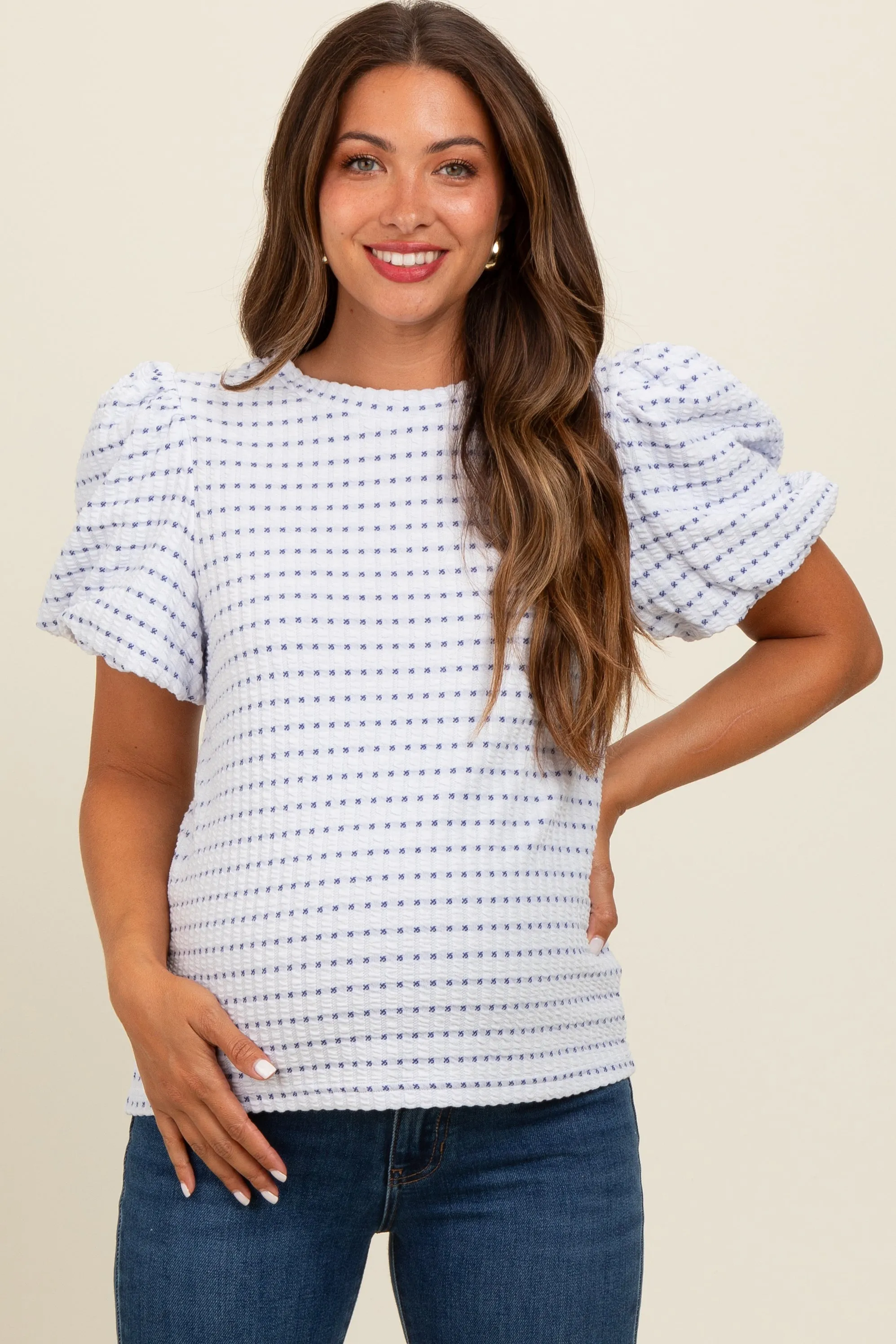 Blue Checker Print Puff Sleeve Maternity Top sold by Pinkblush product image thumbnail 2