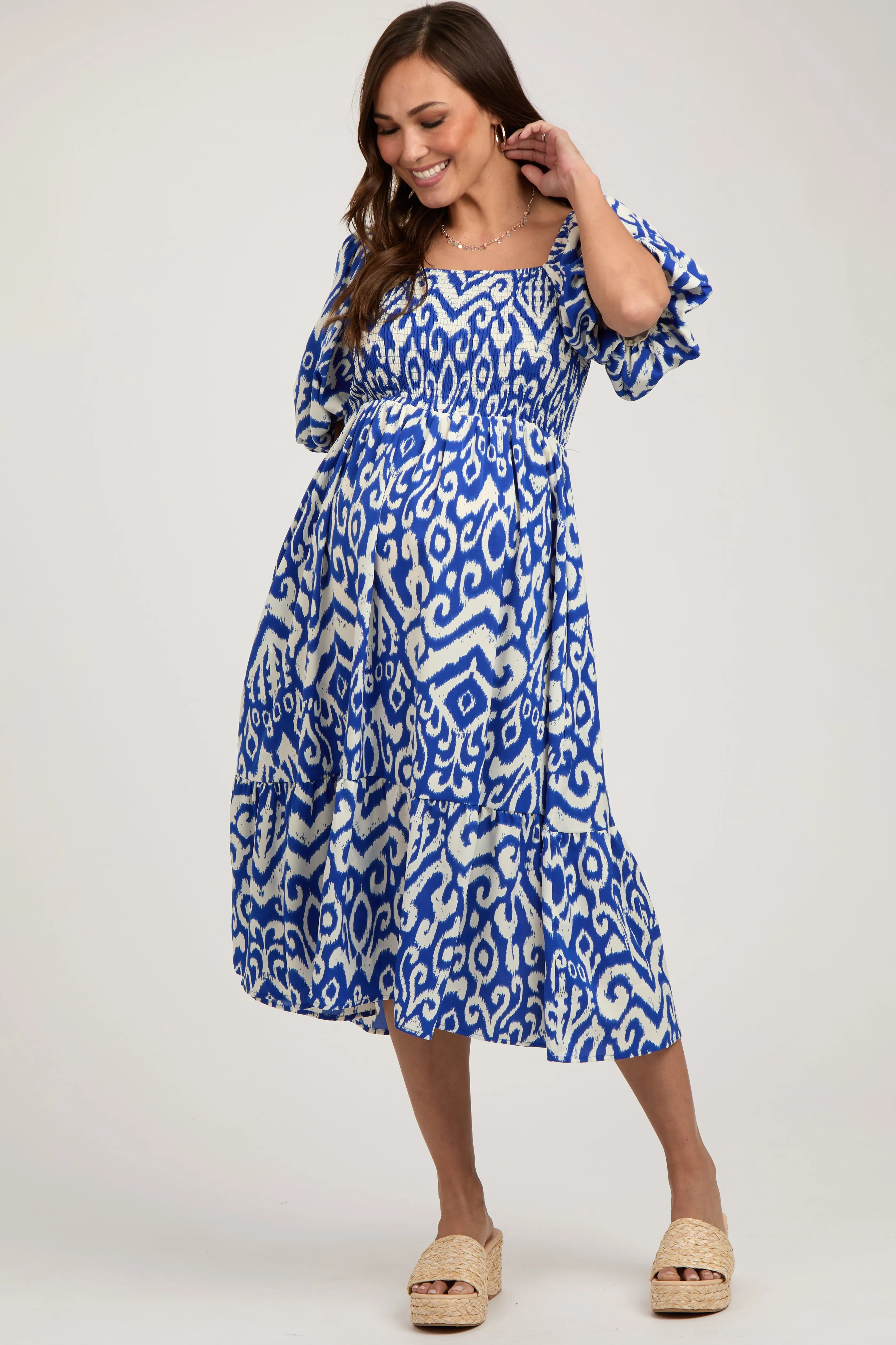 Royal Blue Square Neck Smocked Ruffle Maternity Midi Dress sold by Pinkblush