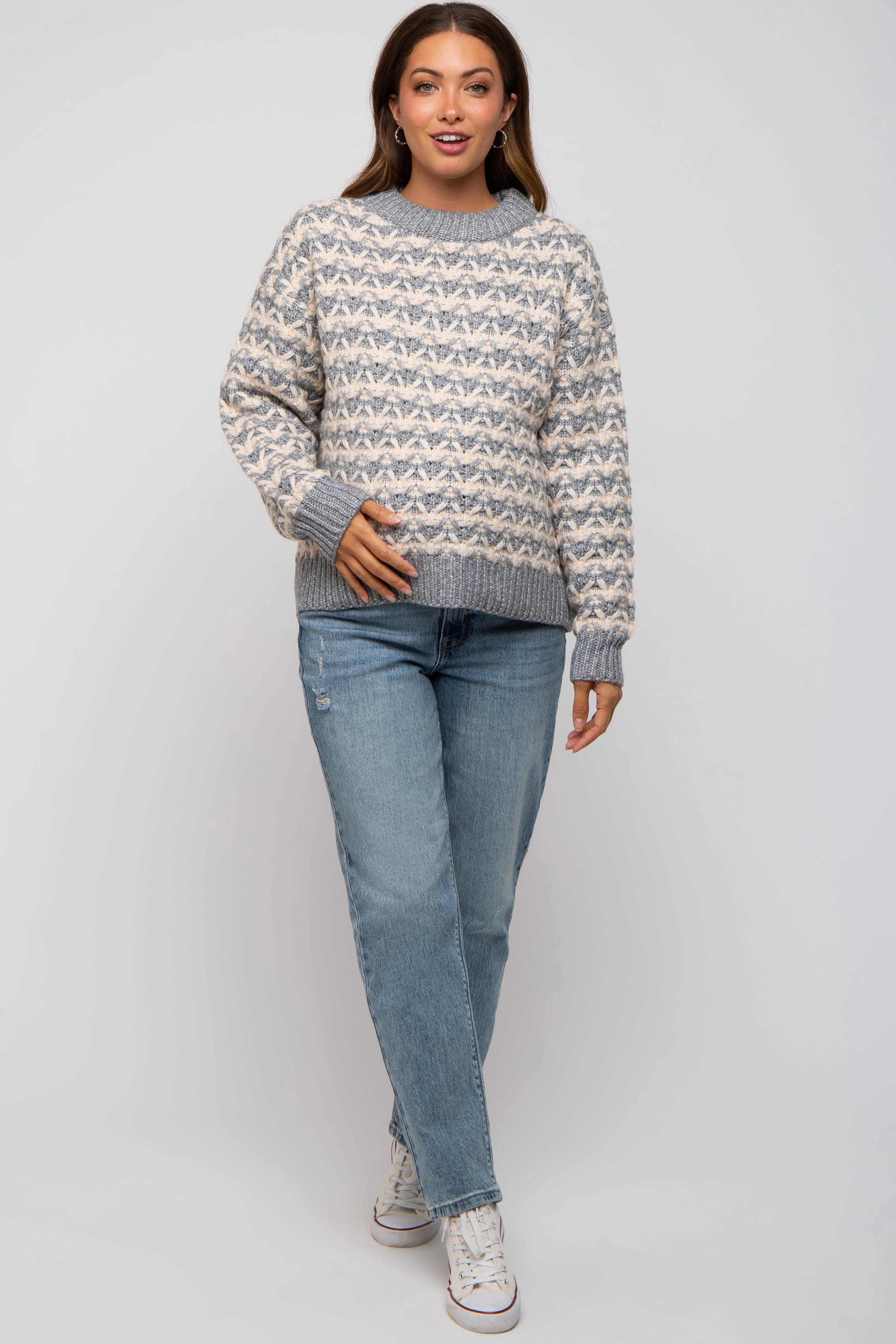 Grey Striped Open Knit Maternity Sweater sold by Pinkblush