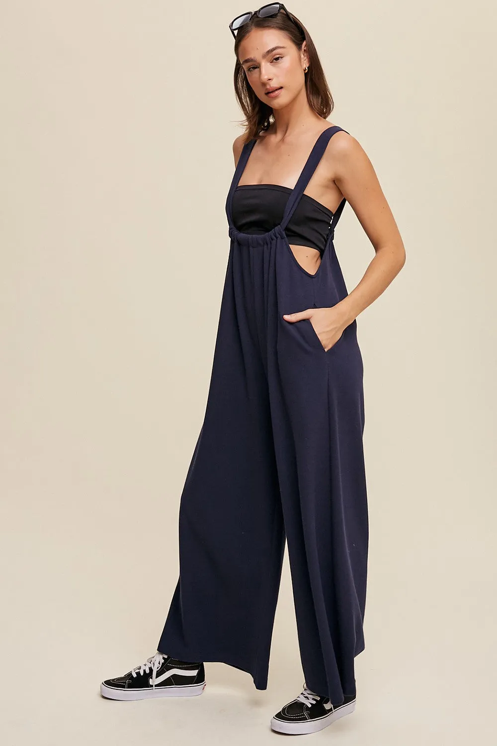 Navy Ribbed Drawstring Wide Leg Jumpsuit sold by Pinkblush product image thumbnail 3